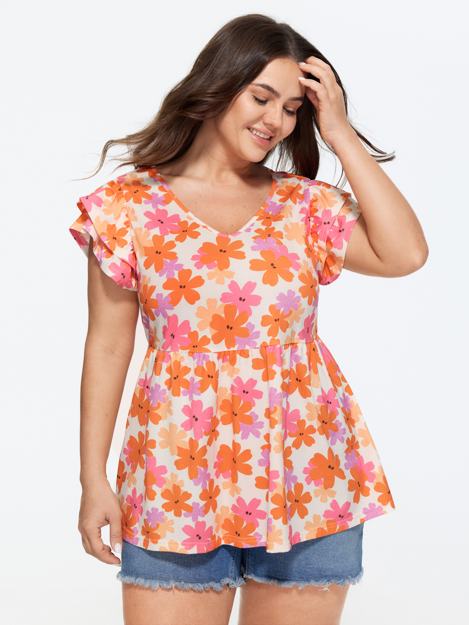 Bloomchic Stretchy Floral Print Ruffled Sleeve Knit Top In Amber