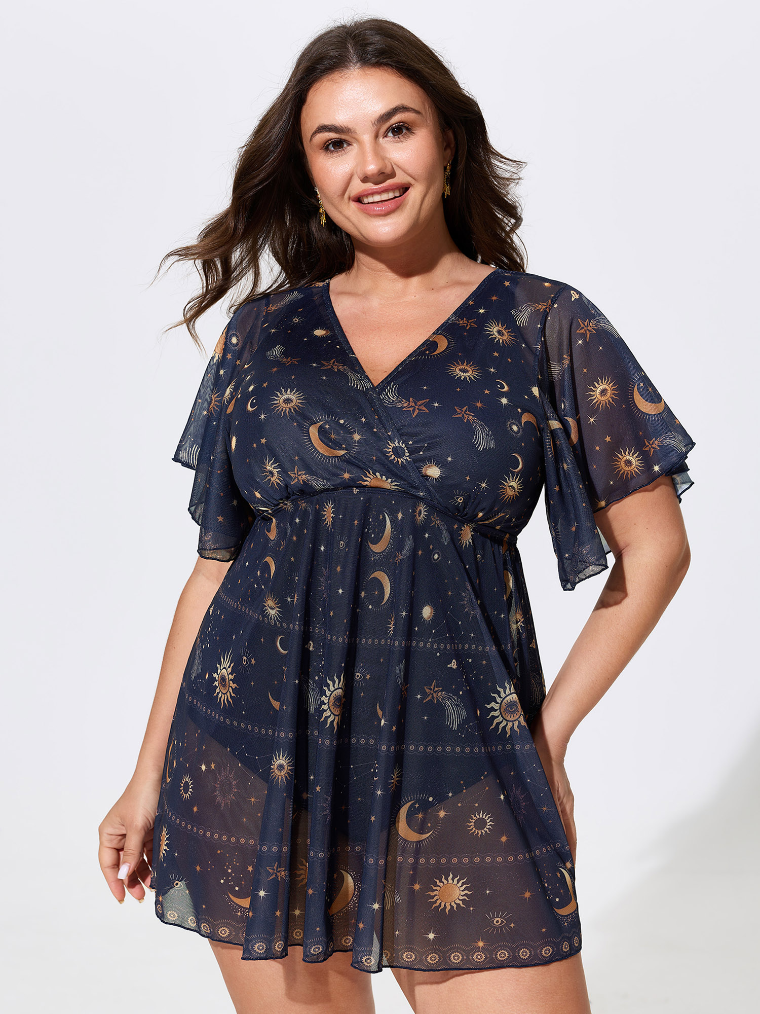BloomChic Women's Plus Size Sheer Star Moon Print Swim Dress Indigo Star & Moon Mesh Panel Adjustable Straps 14-16/1X