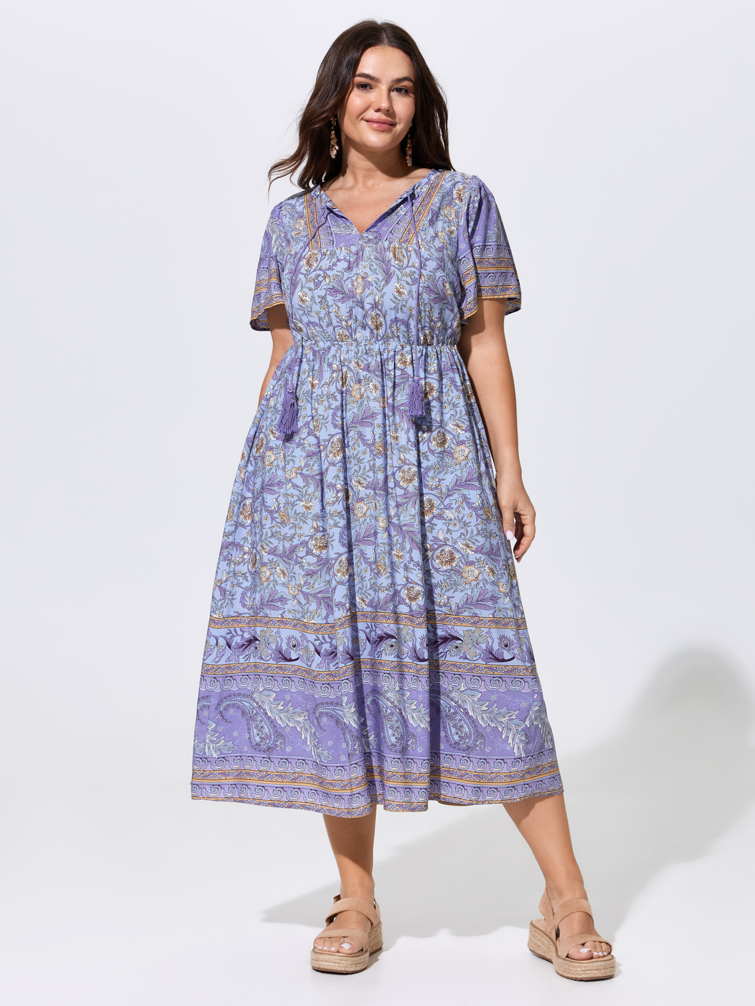 Bloomchic Floral Print Tassels Drawstring Neckline Midi Dress In Lilac