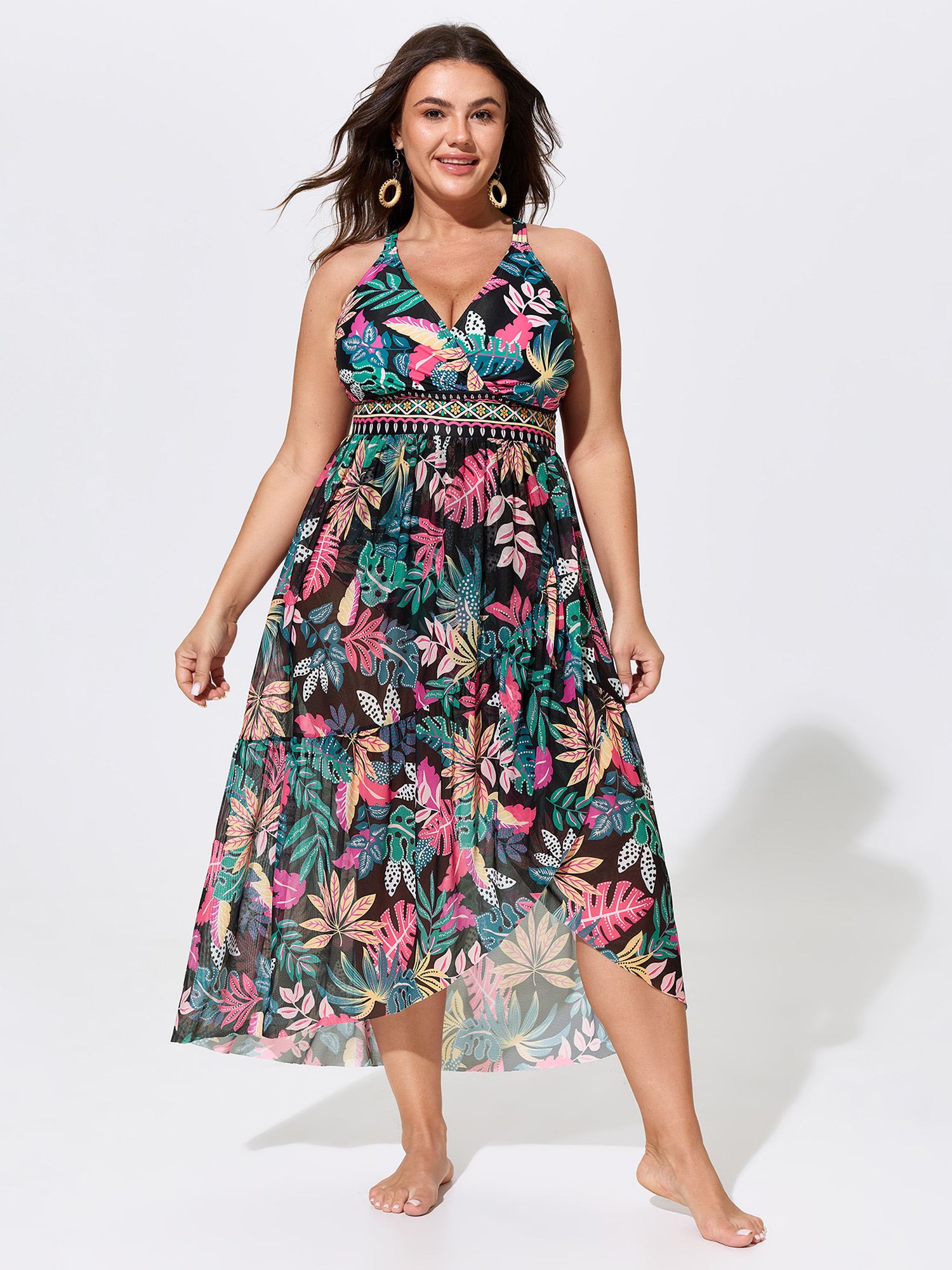 BloomChic Women's Plus Size Sarong Set Tropical Print Mesh One Piece Swim Black Tropical Ruffles Tummy Control 10/M