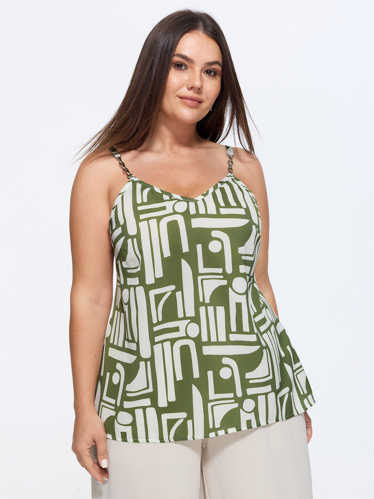 Bloomchic Abstract Geometric Print Metal Chain Strap Tank Top In Moss