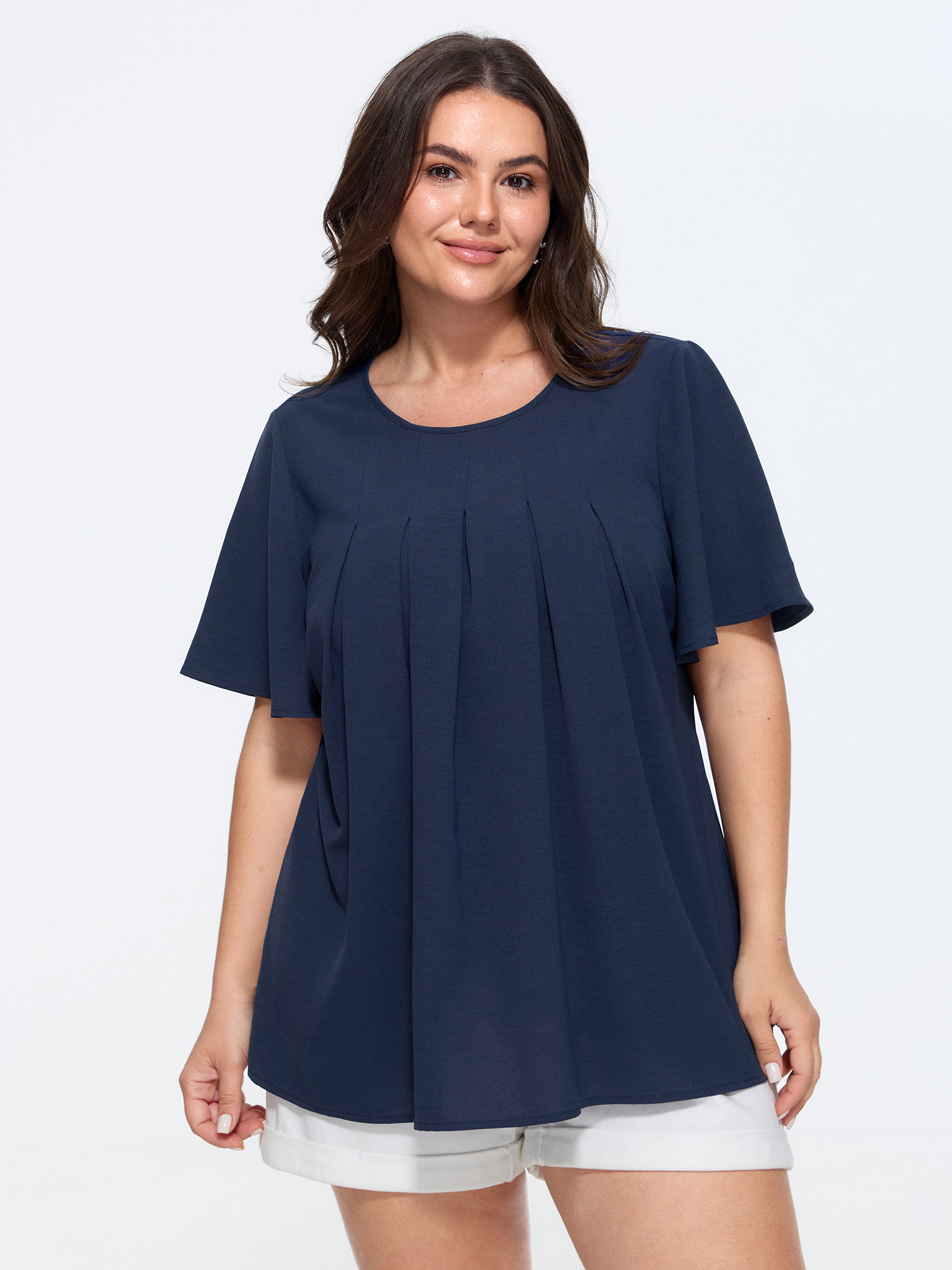 Bloomchic Pleated Front Flowy Plain Top In Darkblue