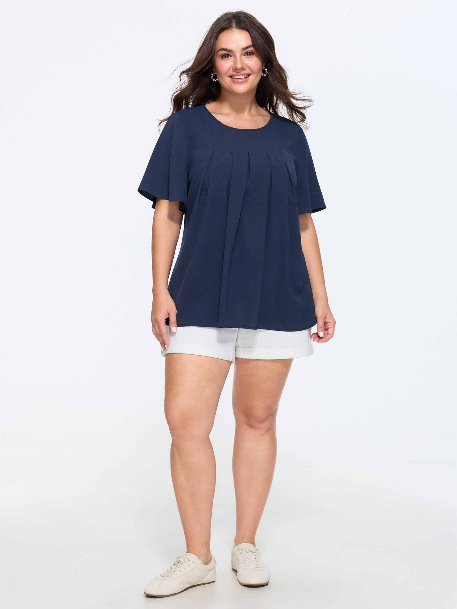 Bloomchic Pleated Front Flowy Plain Top In Darkblue