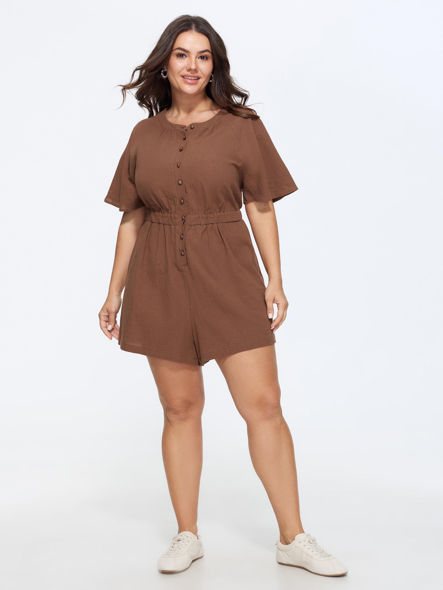 Side view of BloomChic Women's Plus Size Cotton Split Neckline Pockets Romper Yellowishbrown Casual 30/6X
