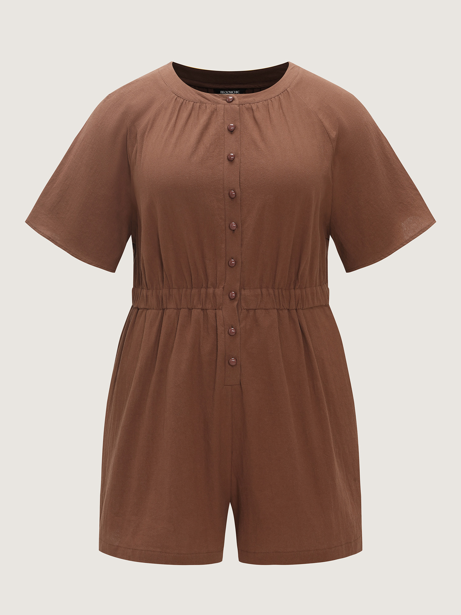 Side view of BloomChic Women's Plus Size Cotton Split Neckline Pockets Romper Yellowishbrown Casual 30/6X