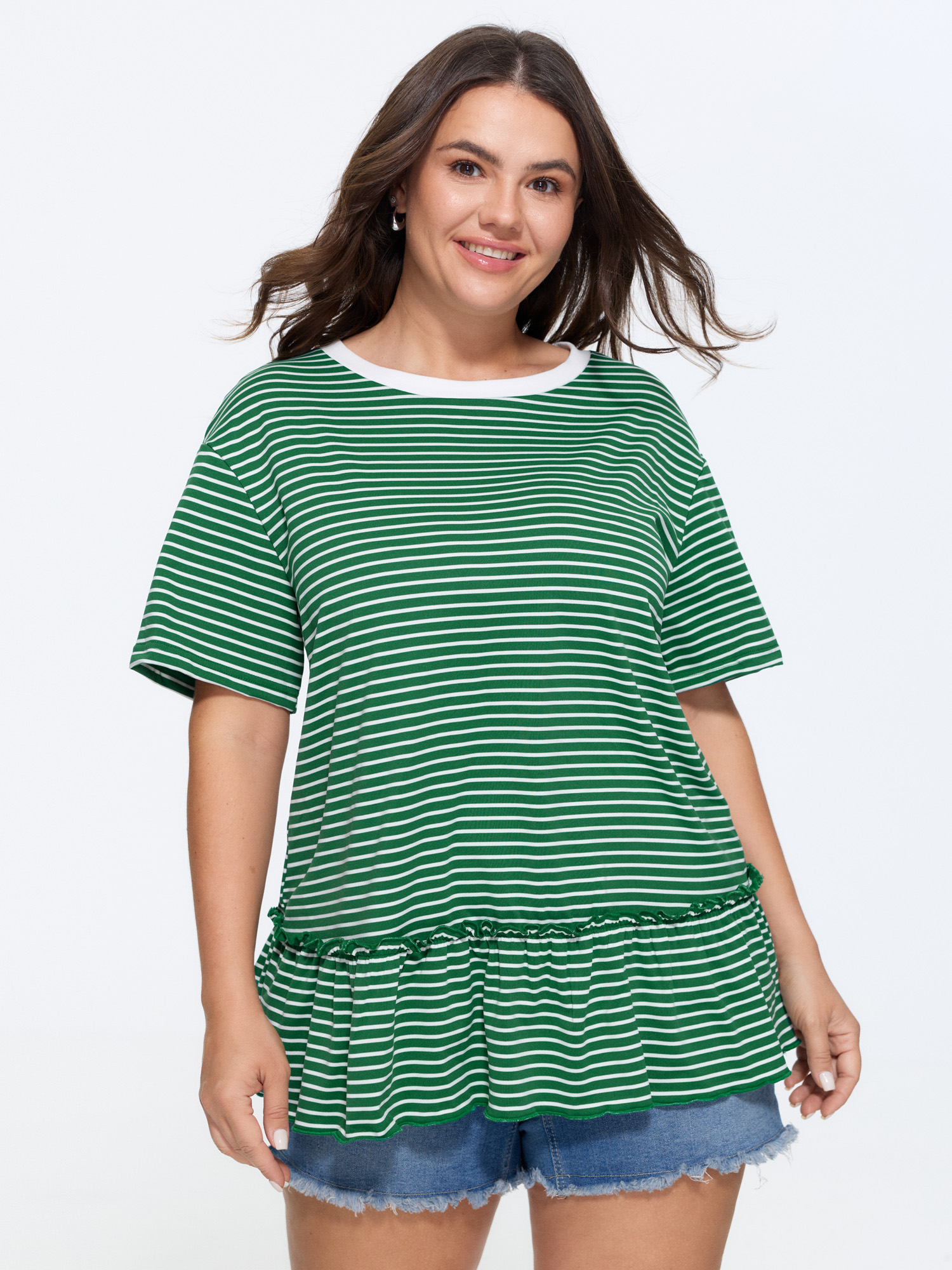 BloomChic Women's Plus Size Striped Print Ruffled Hem Long T-Shirt DarkGreen Stripes Everyday-Casual Short sleeve Round Neck 10/M