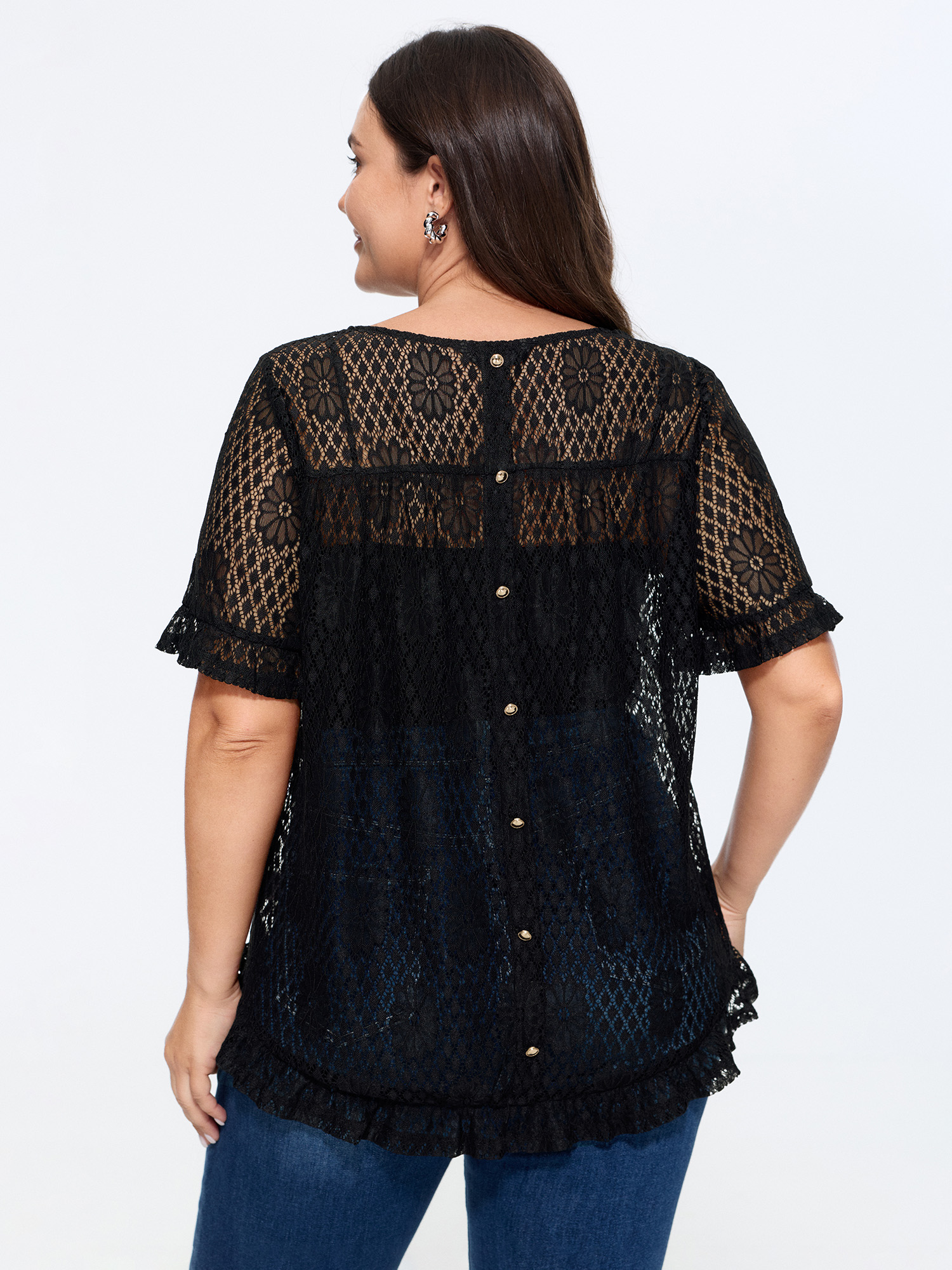 BloomChic Women's Plus Size Solid Lace Hollow Back Button Ruffle Sleeve Top Black Short sleeve Everyday-Casual Round Neck 10/M