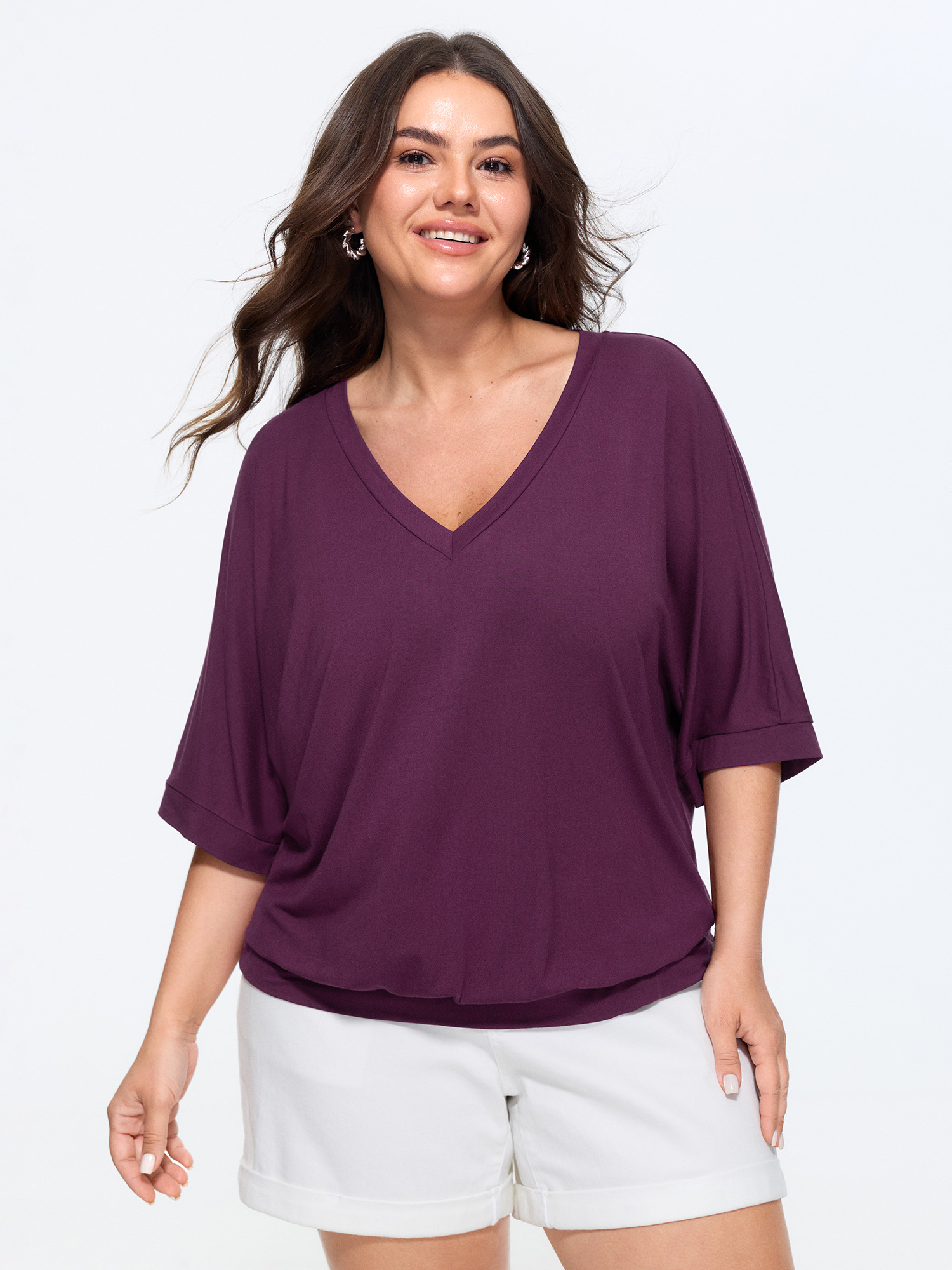 BloomChic Plus Size Supersoft Stretchy V-Neck Plain T-Shirt - Women's Deeppurplered Solid Round Neck Comfort Midsection Fit Long Sleeve Playful T-shirts 14/M
