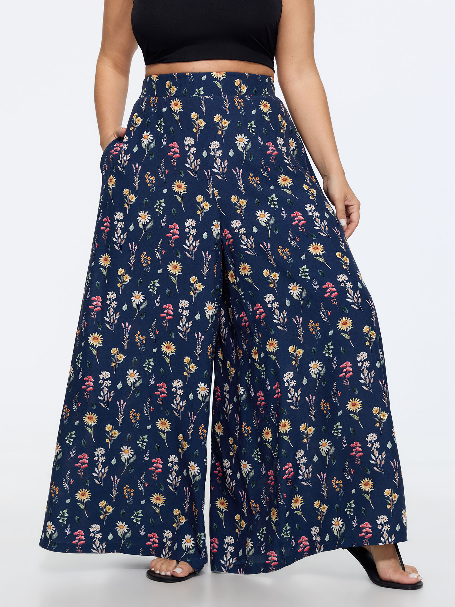 Bloomchic Ditsy Floral Print Stretchy Waist Wide Leg Pants In Indigo