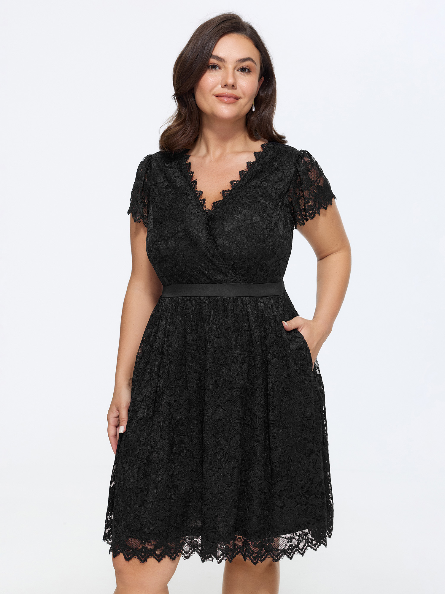Bloomchic Stretchy Solid Lace Mesh V Neck Mini Dress In Black