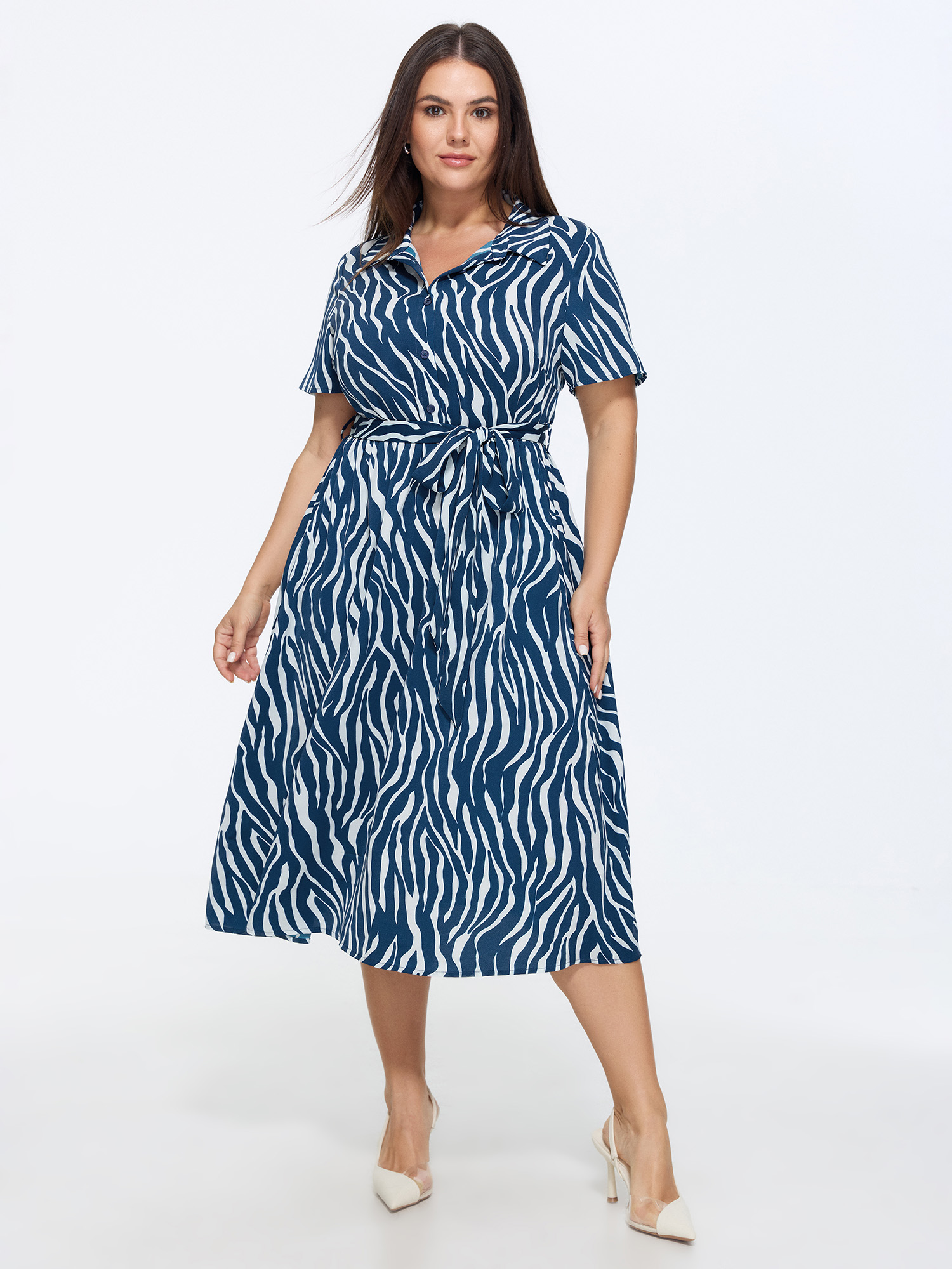 BloomChic Women's Plus Size Zebra Print Waist-Tie Midi Shirt Dress Indigo Office Tunic Button Front Collared Neck 10/M