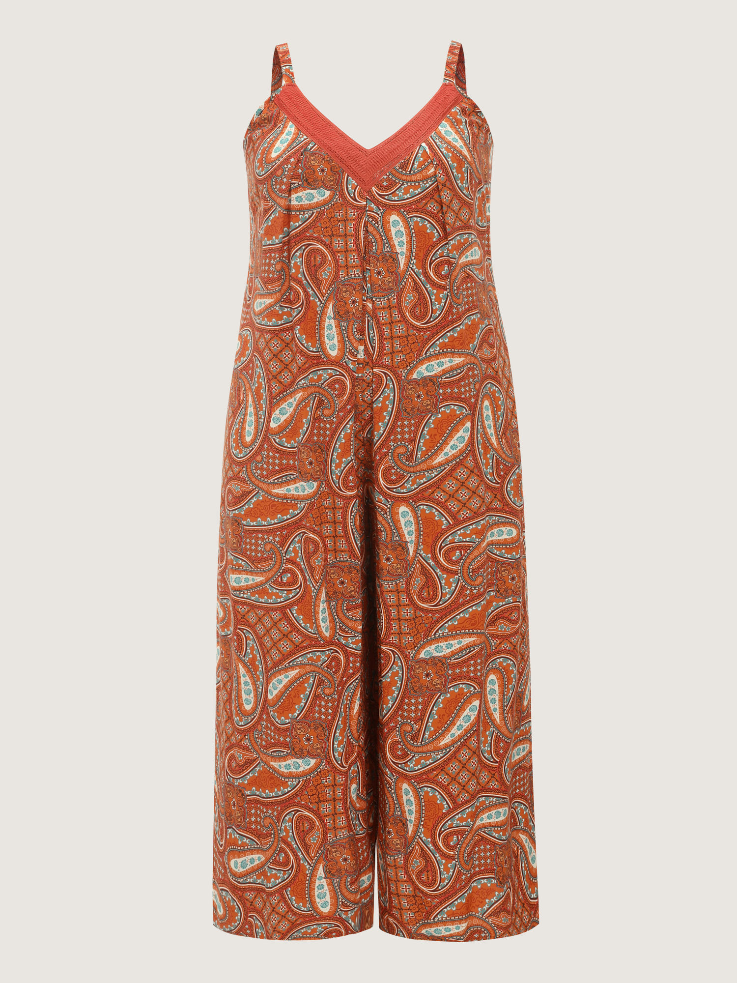 Side view of BloomChic Women's Plus Size Paisley Print Backless Sleeveless Jumpsuit Brightorange Vacation Relaxed Fit 14-16/1X
