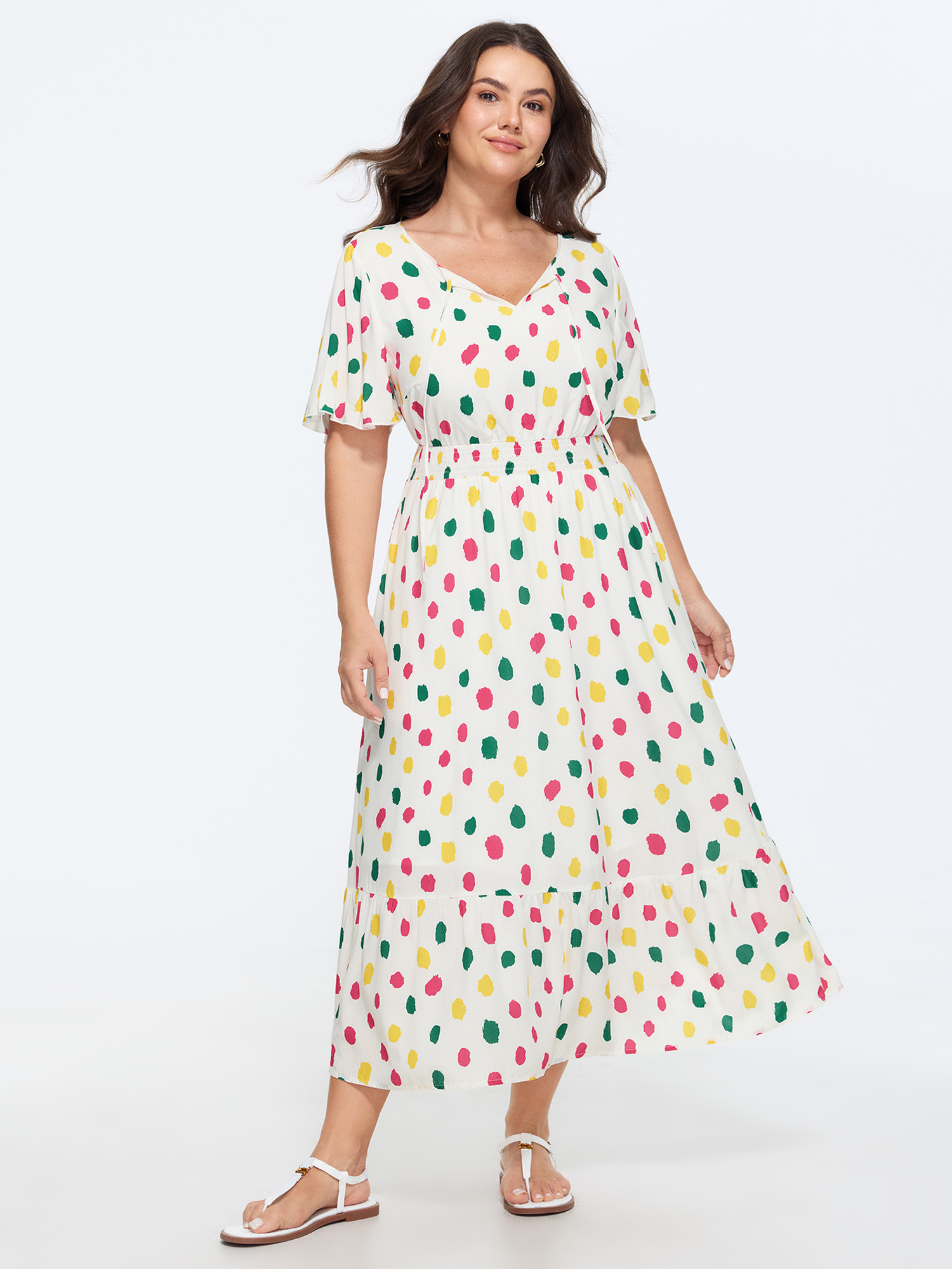 Bloomchic Supersoft Colorful Polka Dots Shirred Waist Midi Dress In Whitesmoke