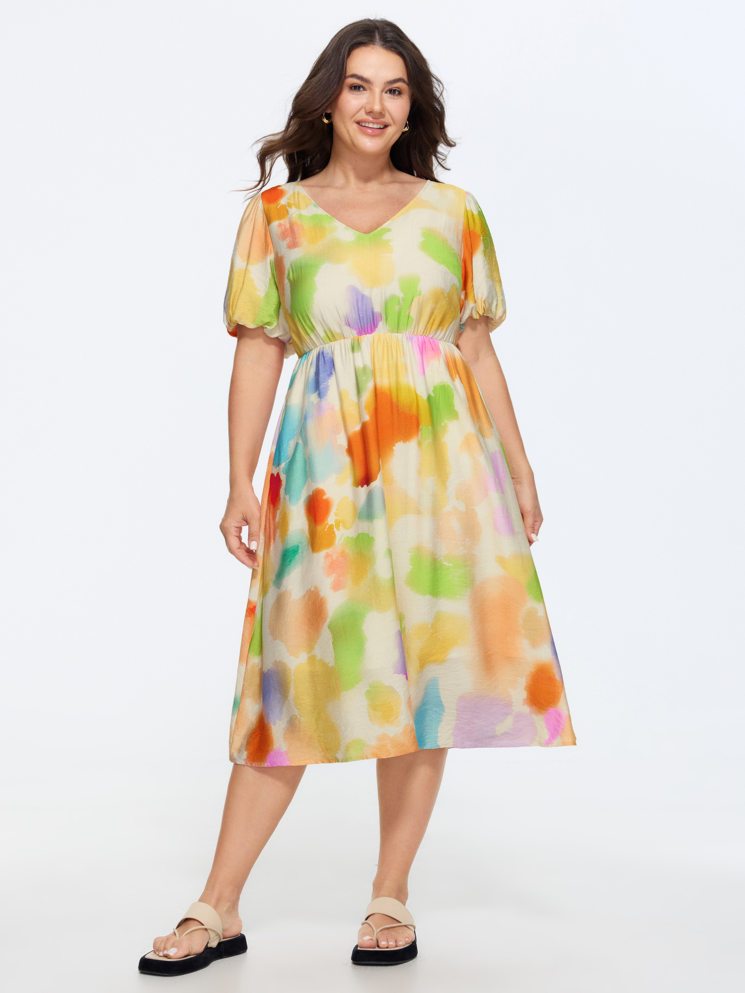 Bloomchic Supersoft Colorful Abstract Print Bubble Sleeve Midi Dress In Multicolor