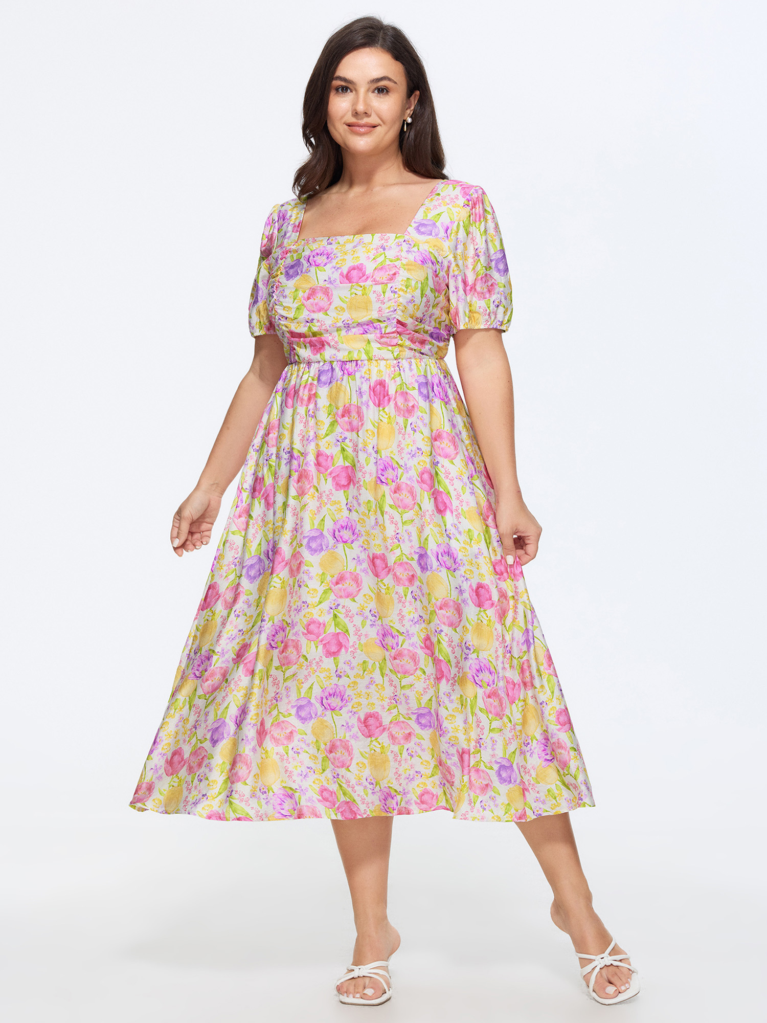 Bloomchic Supersoft Floral Print Pleated Bodice Square Neckline Midi Dress In Multicolor