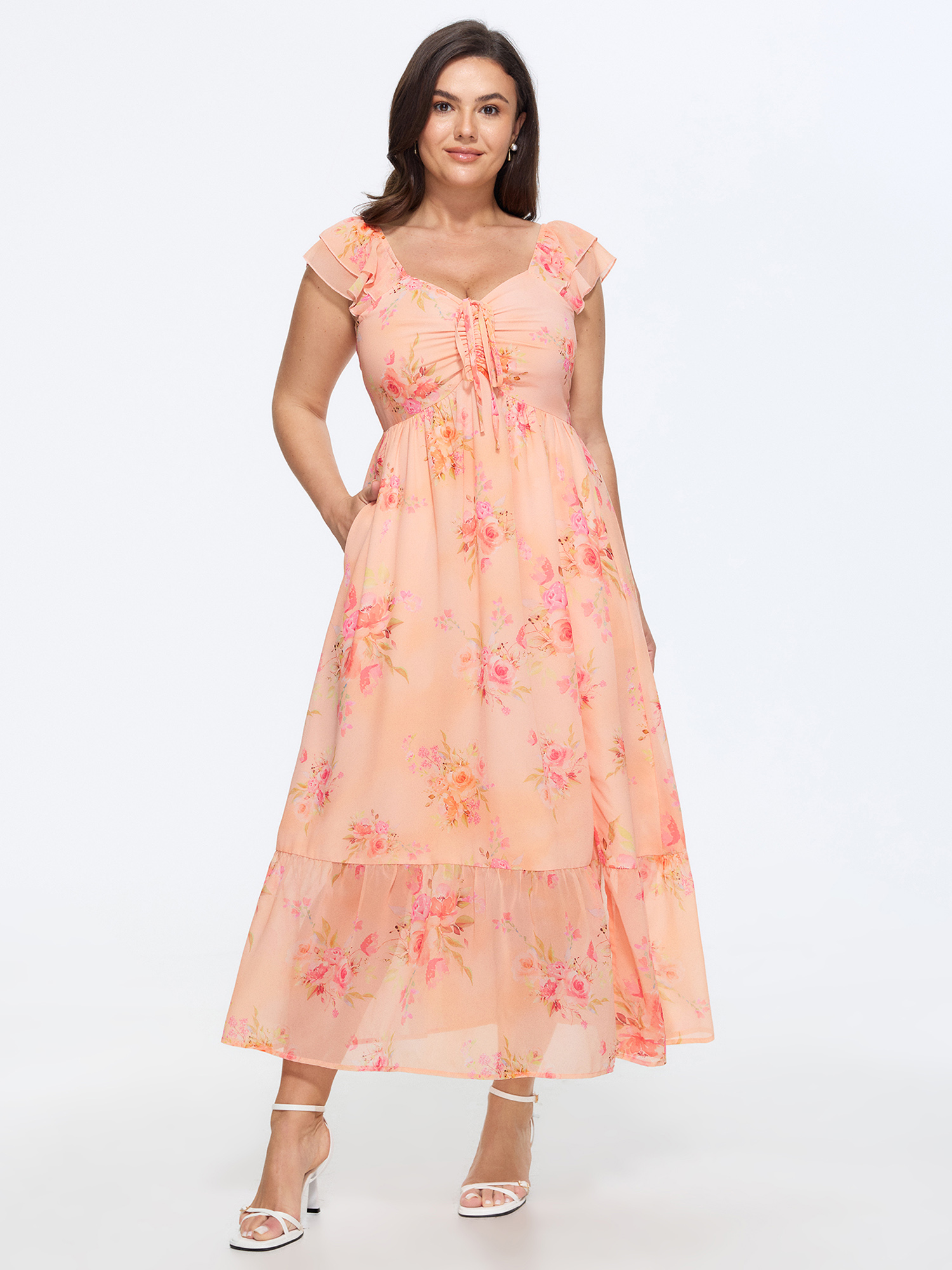 Bloomchic Floral Print Ruched Ruffled Maxi Dress In Mistyrose
