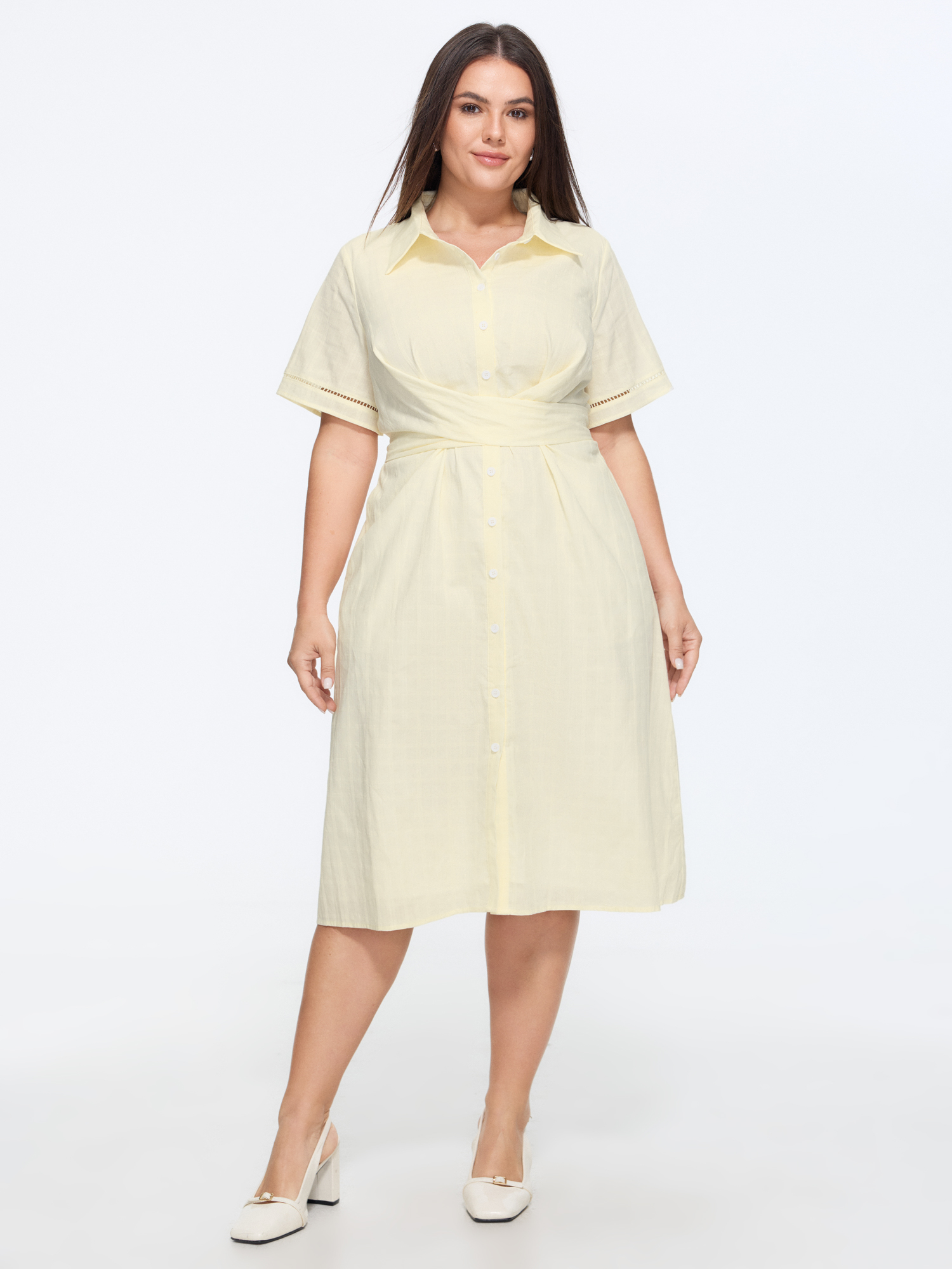 BloomChic Women's Plus Size Pure Cotton Textured Overlap Waist Midi Dress Beige Solid Tunic Office Tie knot 10/M