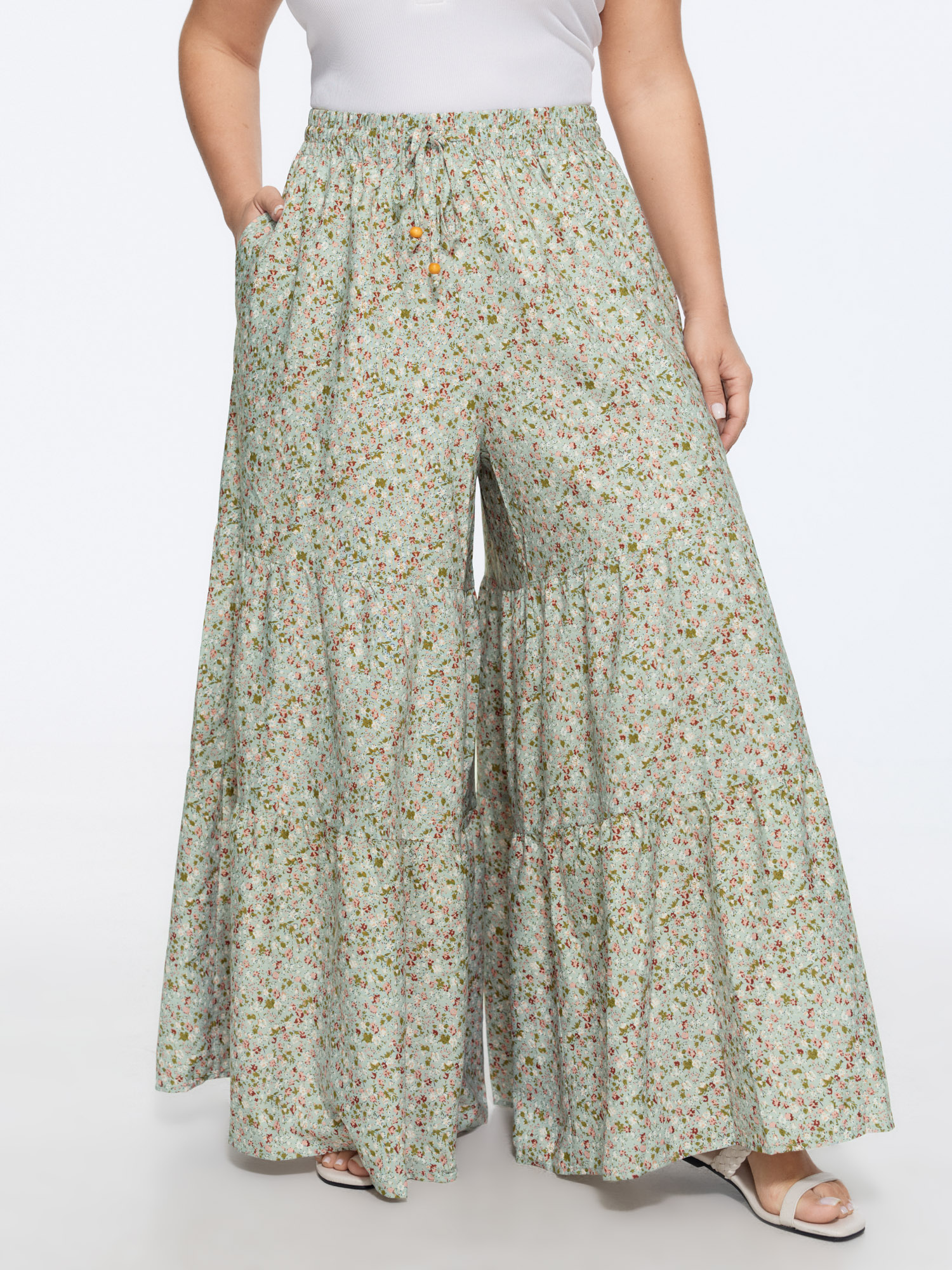 BloomChic Women's Plus Size Micro Floral Print Wide Waistband Pants Greenbean Ditsy Floral Wide leg Mid Rise 22-24/3X