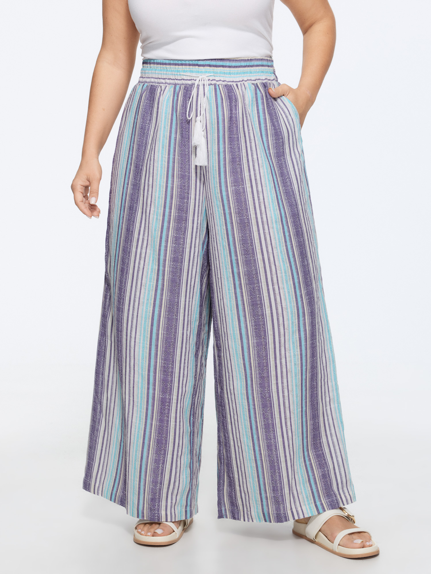 BloomChic Women's Plus Size Cotton Striped Drawstring Wide Leg Pants Mauve Stripes Wide leg Mid Rise 18-20/2X