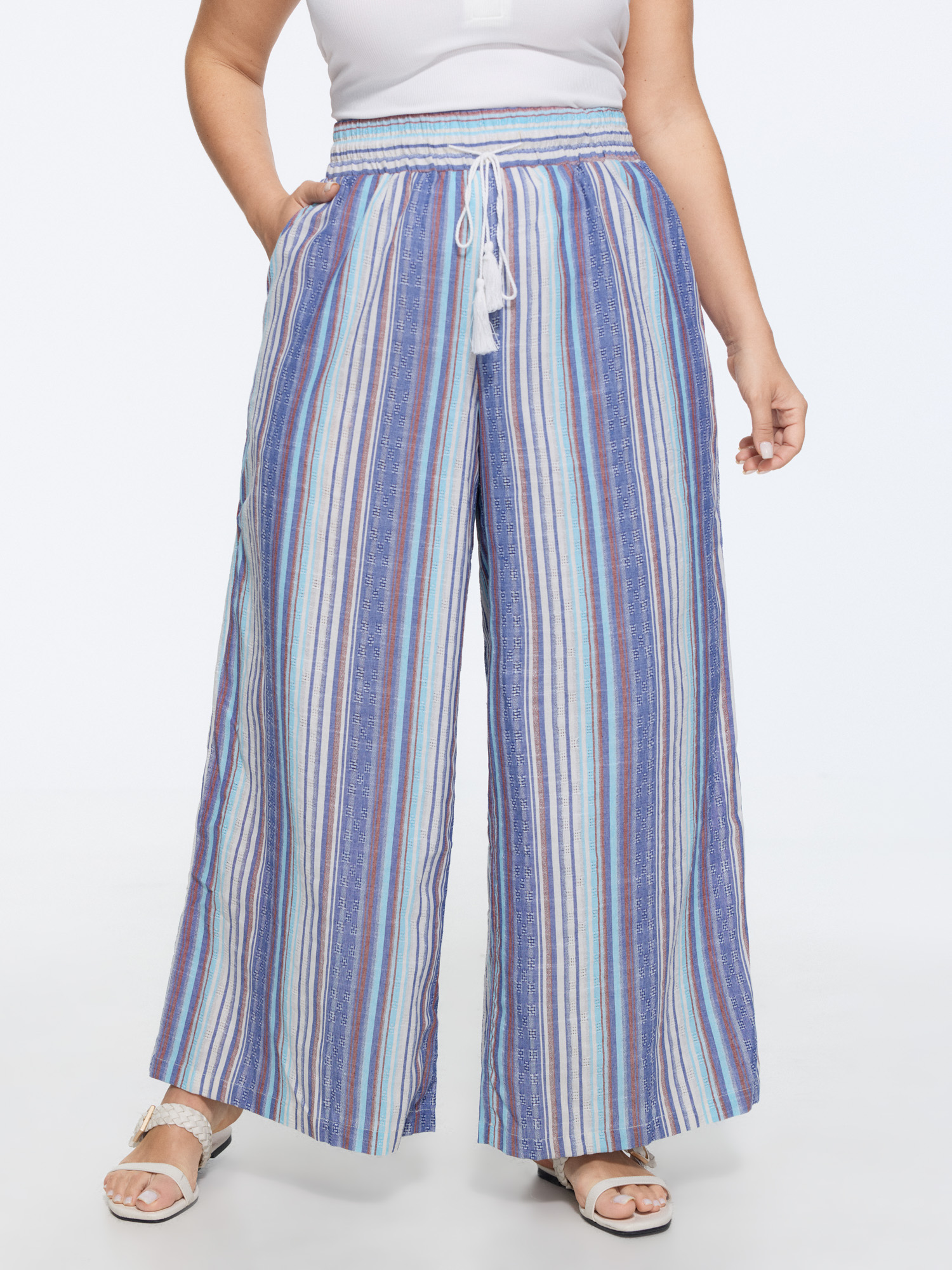 BloomChic Women's Plus Size Cotton Striped Drawstring Wide Leg Pants Mediumblue Stripes Wide leg Mid Rise 10/M
