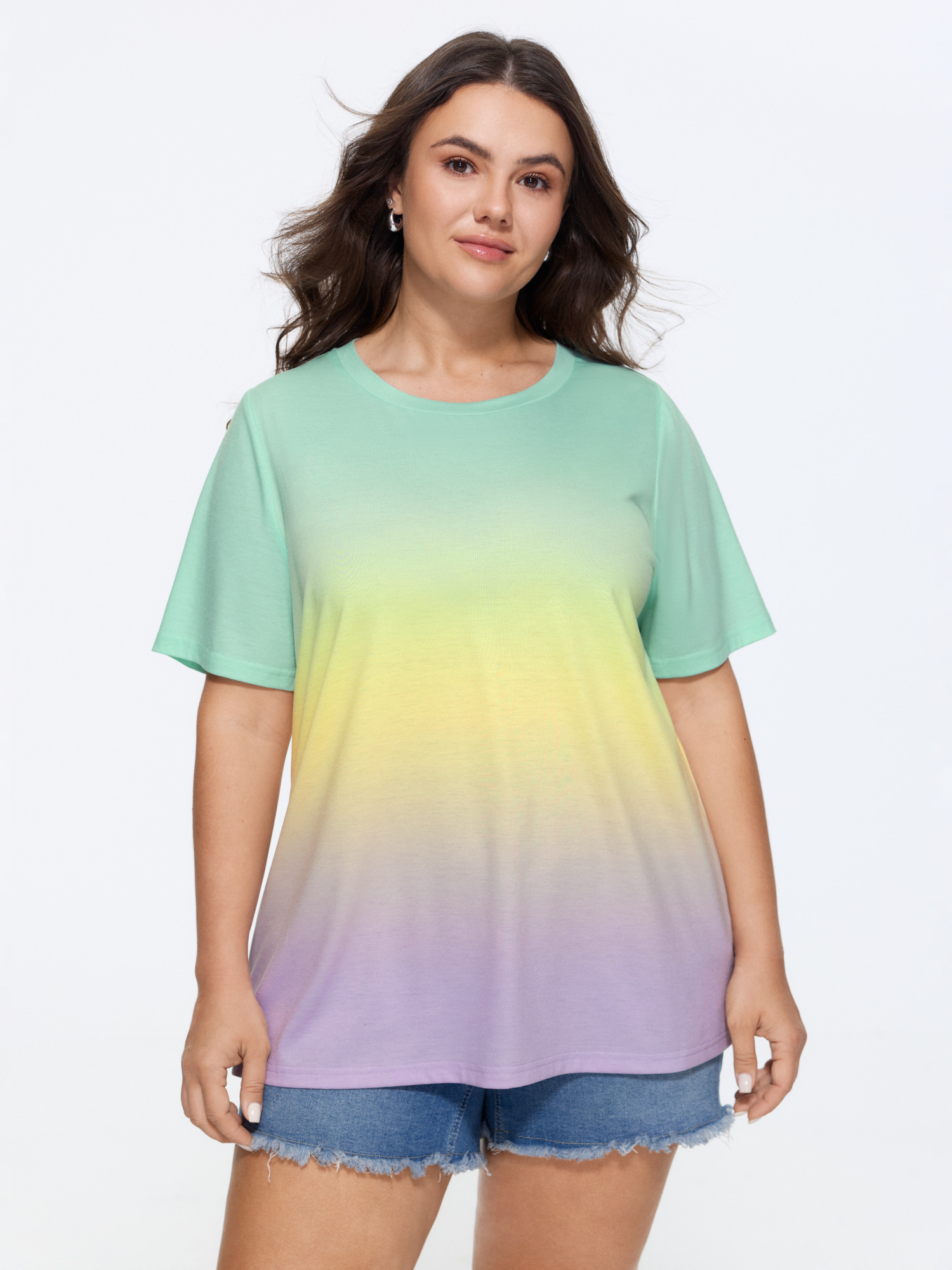 BloomChic Women's Plus Size Ombre Gradient Crew Neck Curvy T-Shirt Lilac Ombre Everyday-Casual Short sleeve Round Neck 10/M