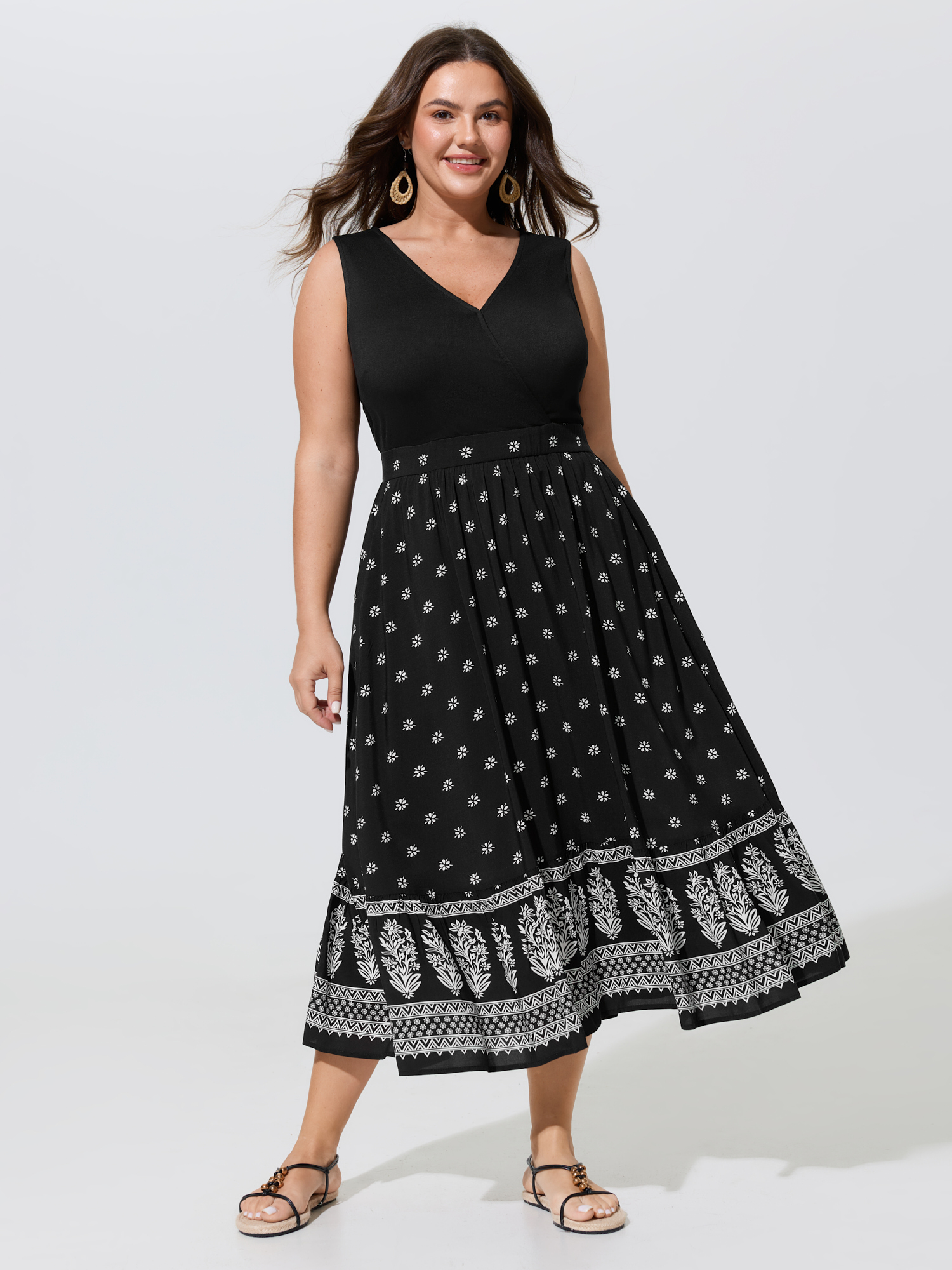 Bloomchic Floral Print Bust-friendly Color Contrast Flowy Midi Dress In Black