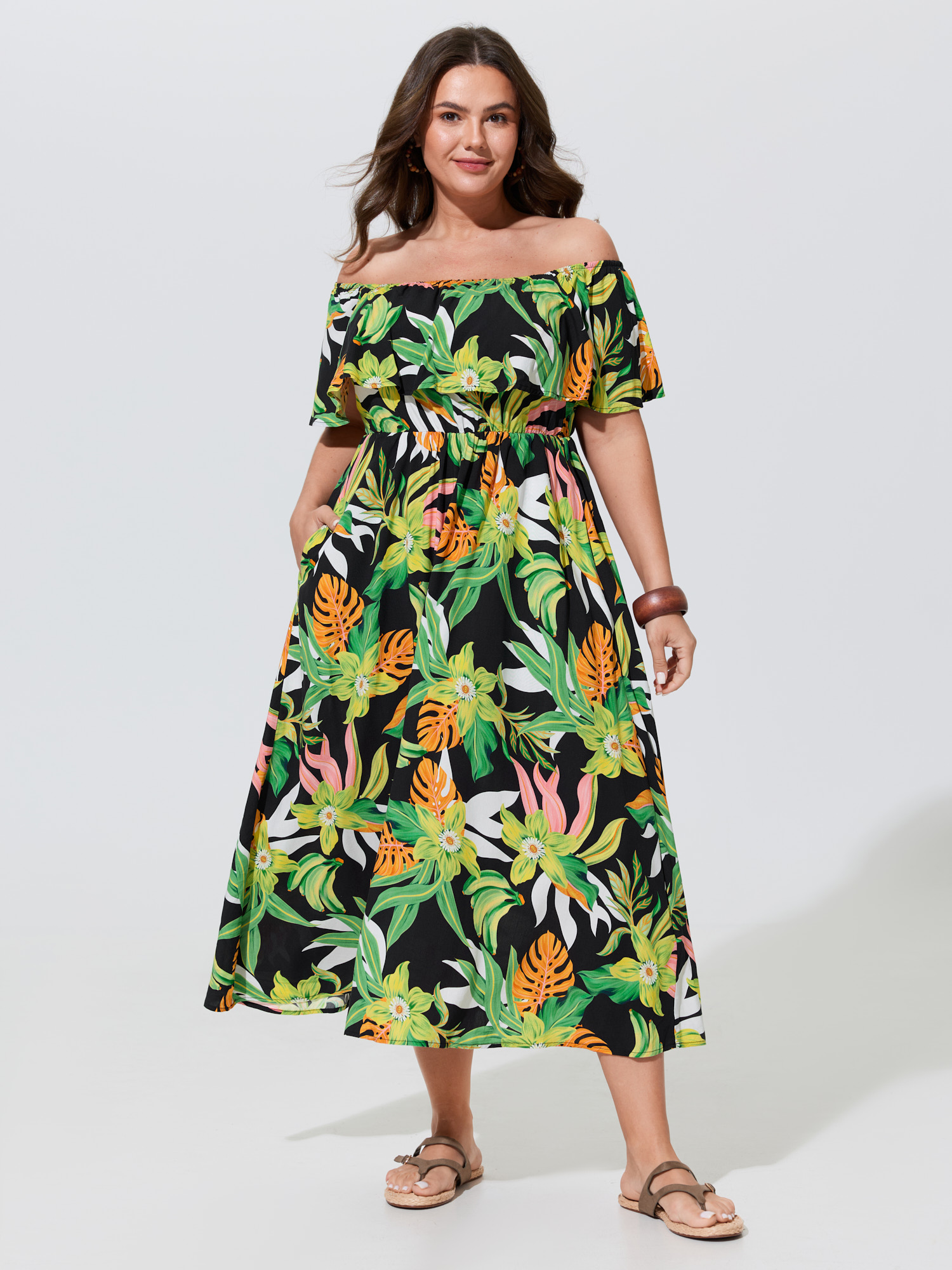 Bloomchic Tropical Print Cold-shoulder Maxi Dress In Blackflower