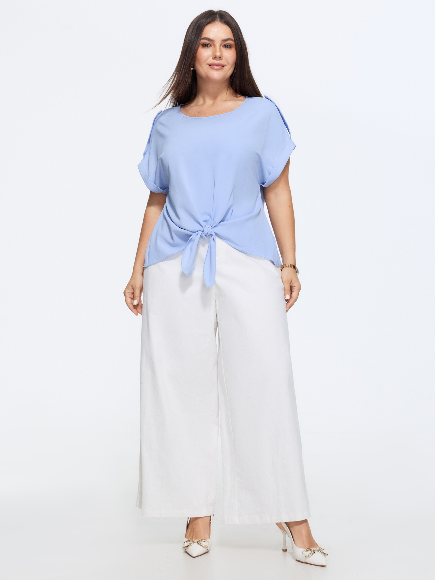 Bloomchic Shoulder Button Detail Knotted Front Plain Blouse In Lightblue