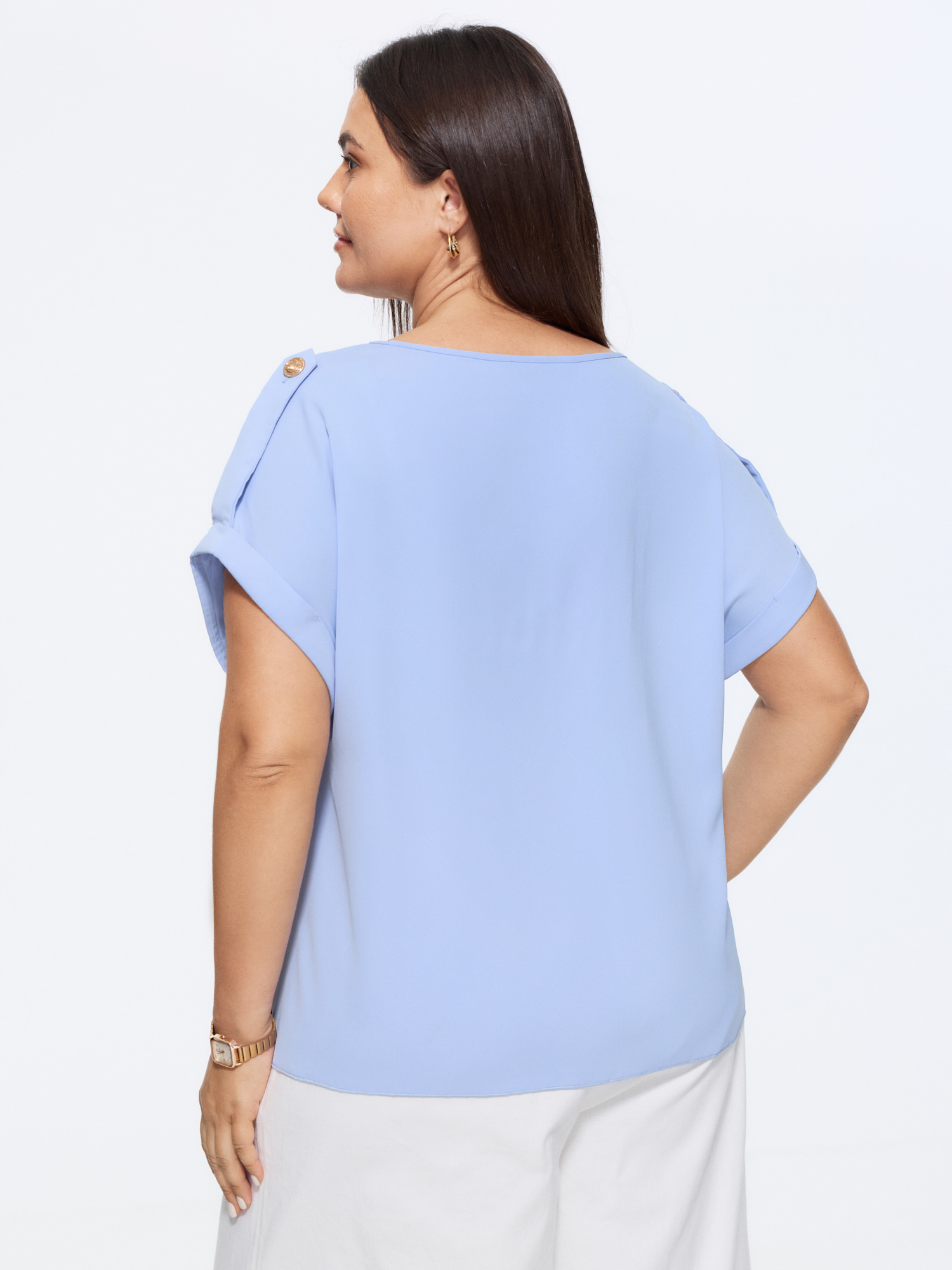 Bloomchic Shoulder Button Detail Knotted Front Plain Blouse In Lightblue