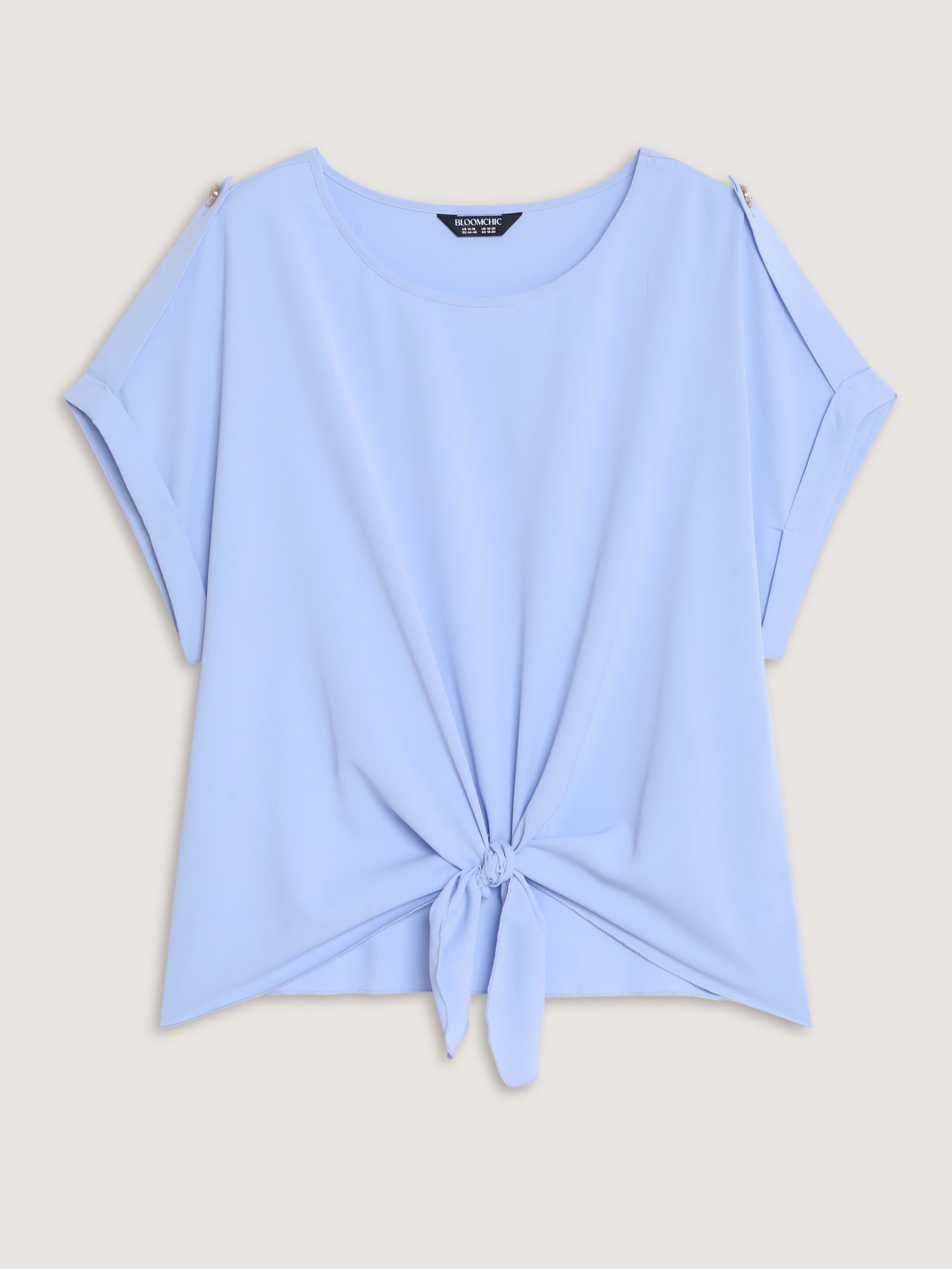 Bloomchic Shoulder Button Detail Knotted Front Plain Blouse In Lightblue