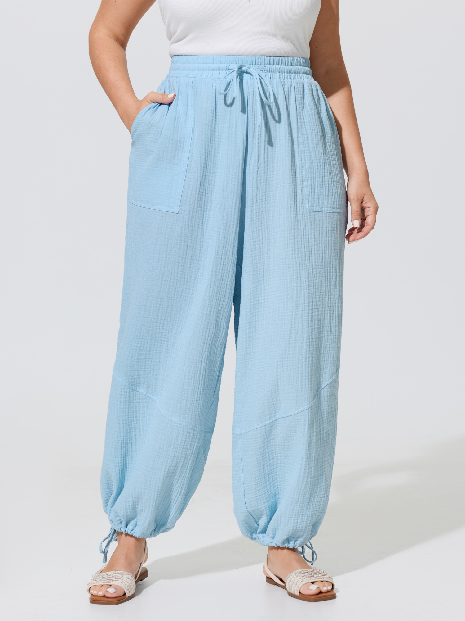 Bloomchic Shirred Waistband Drawstring Jogger Pants In Lightblue