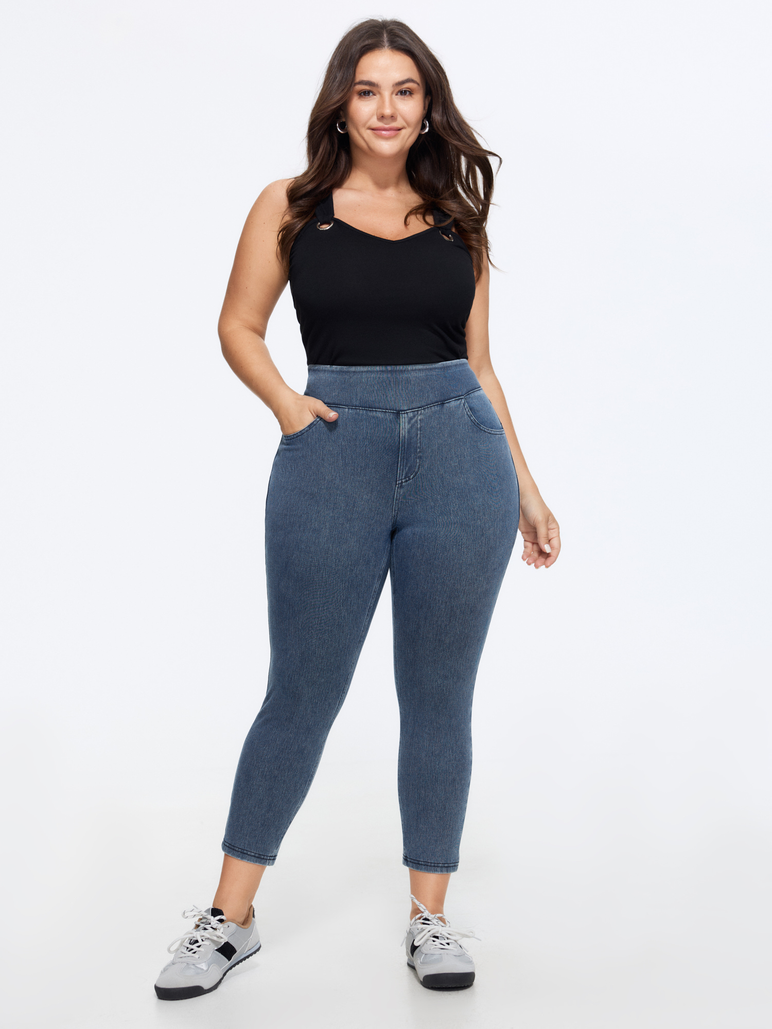 Bloomchic Stretchy Wide Waistband Pull-on Jeans In Acidwashdenim