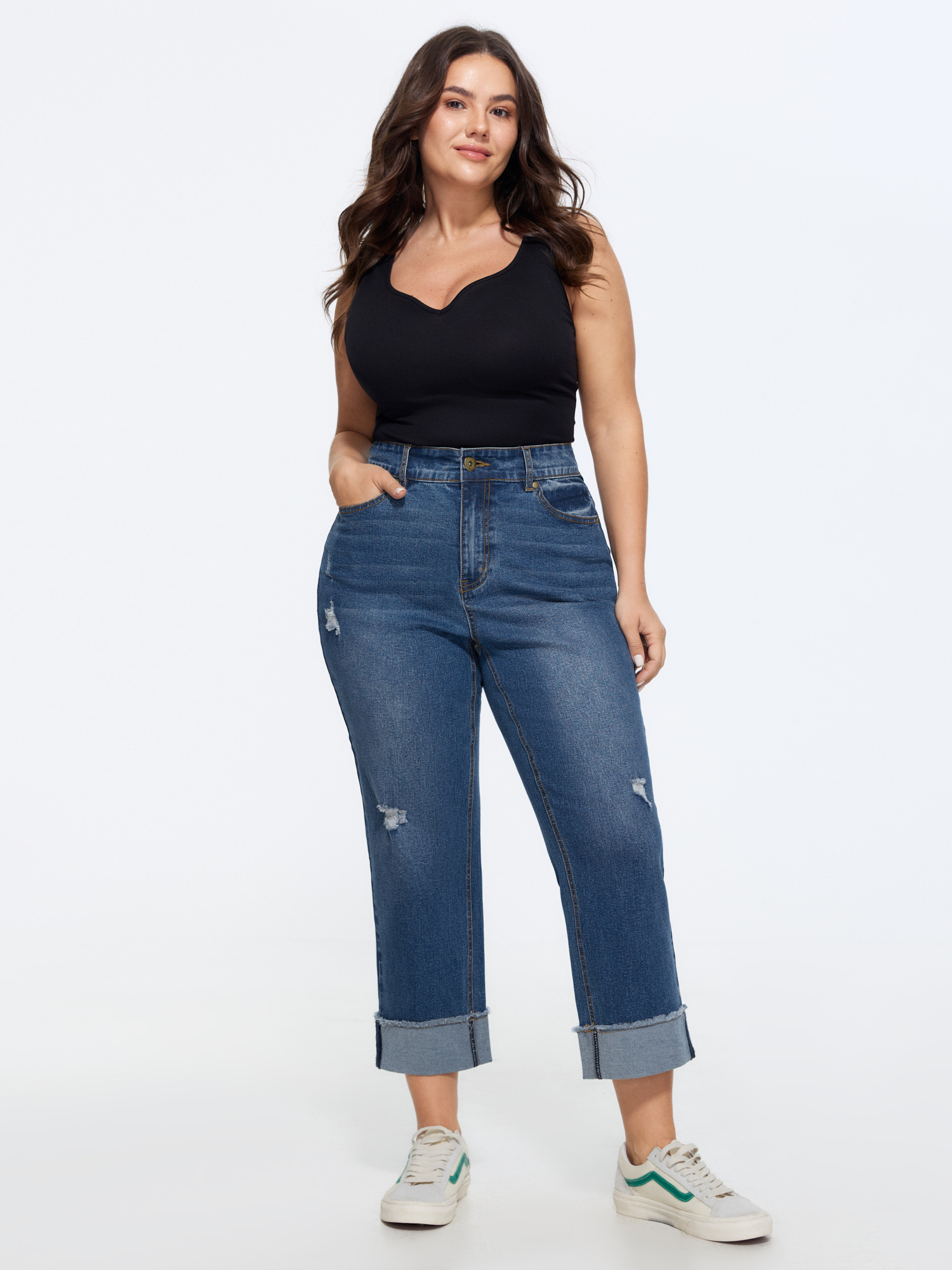 Bloomchic Stretchy Folded Hem Straight-leg Jeans In Midblue