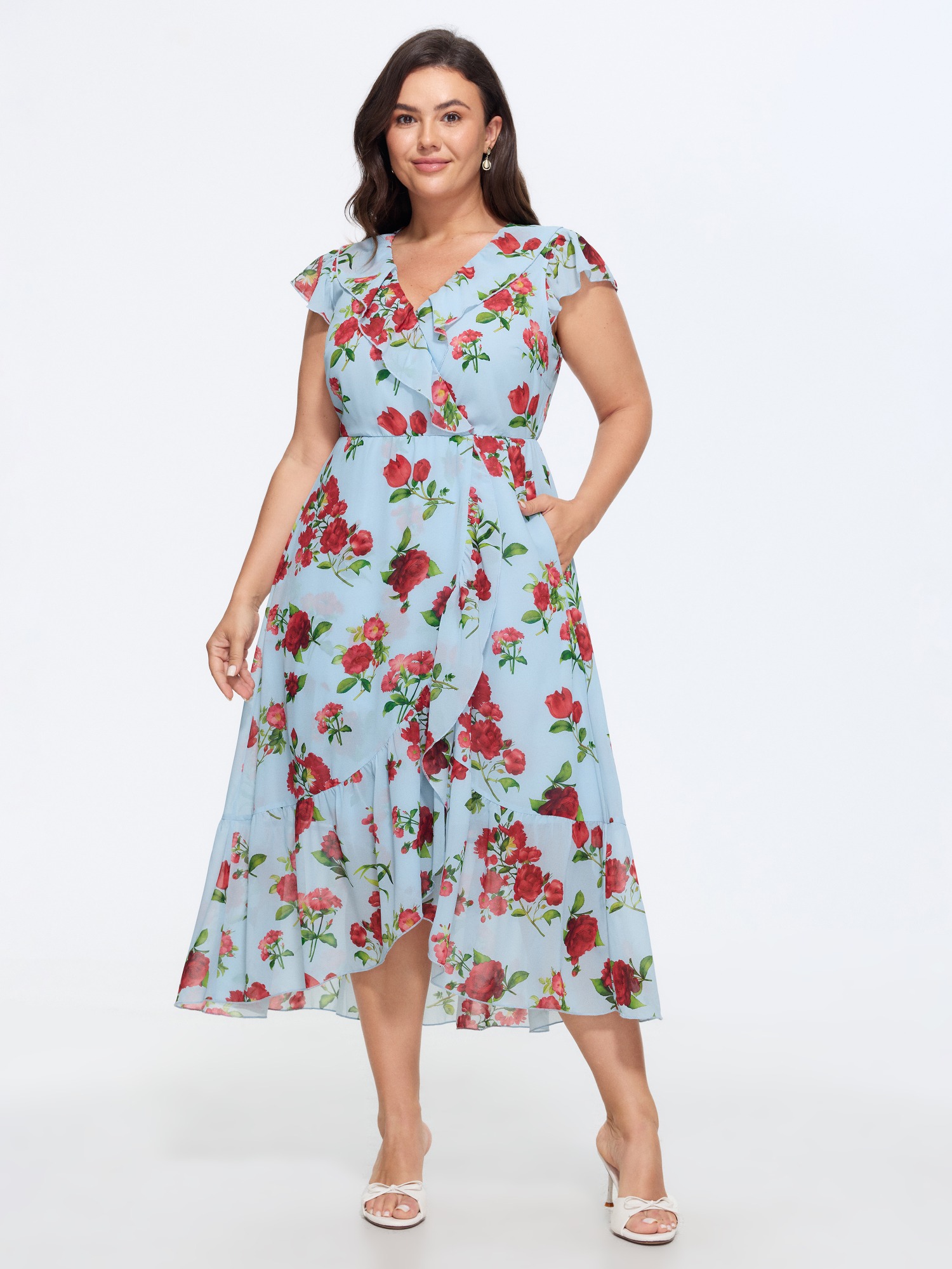 BloomChic Women's Plus Size Floral Print Ruffled Neckline Flowy Midi Dress LightBlue Floral Midi Everyday-Elegant 10/M