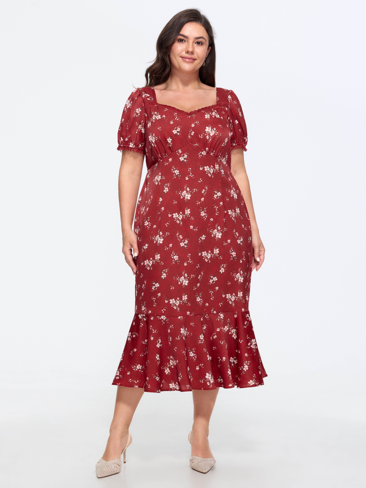 BloomChic Women's Plus Size Floral Print Shirred Ruffled Midi Dress Scarlet Midi Everyday-Elegant 22-24/3X