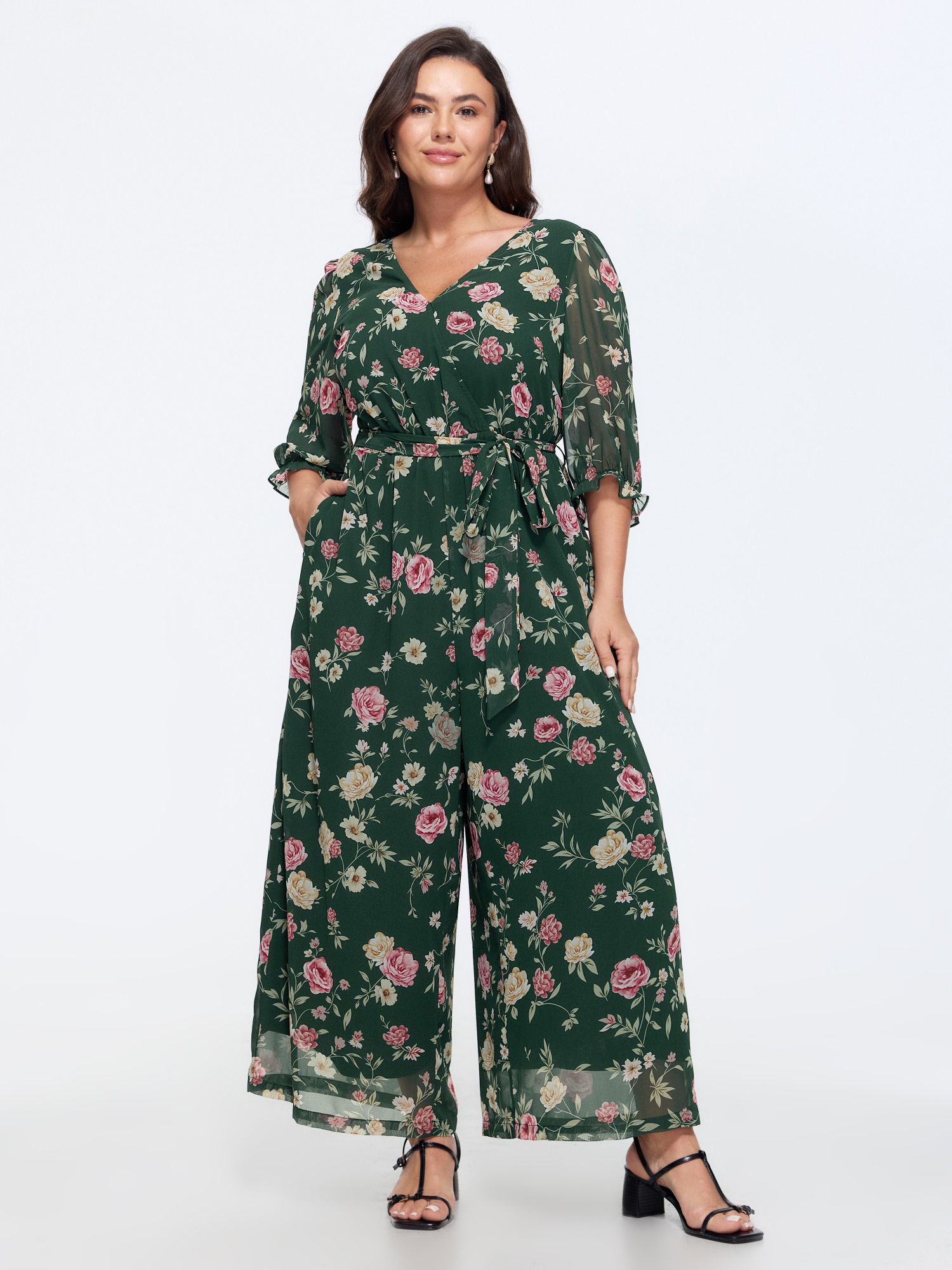 BloomChic Women's Plus Size Floral Print Stretchy Waist Drawstring Jumpsuit DarkGreen Elegant 26/4X-image-48768747569322