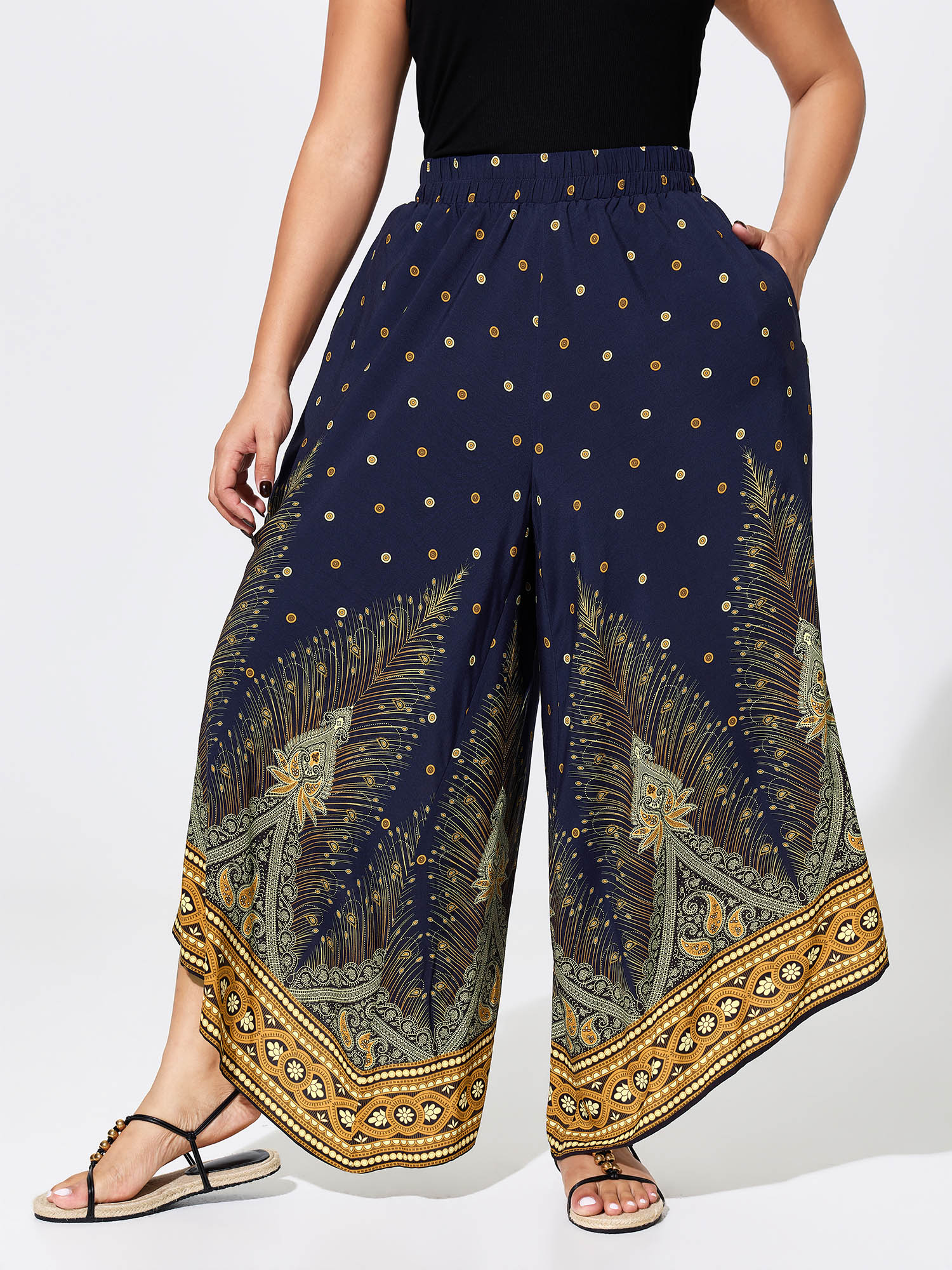Bloomchic Boho Print Wide-leg Color Contrast Pants In Indigo