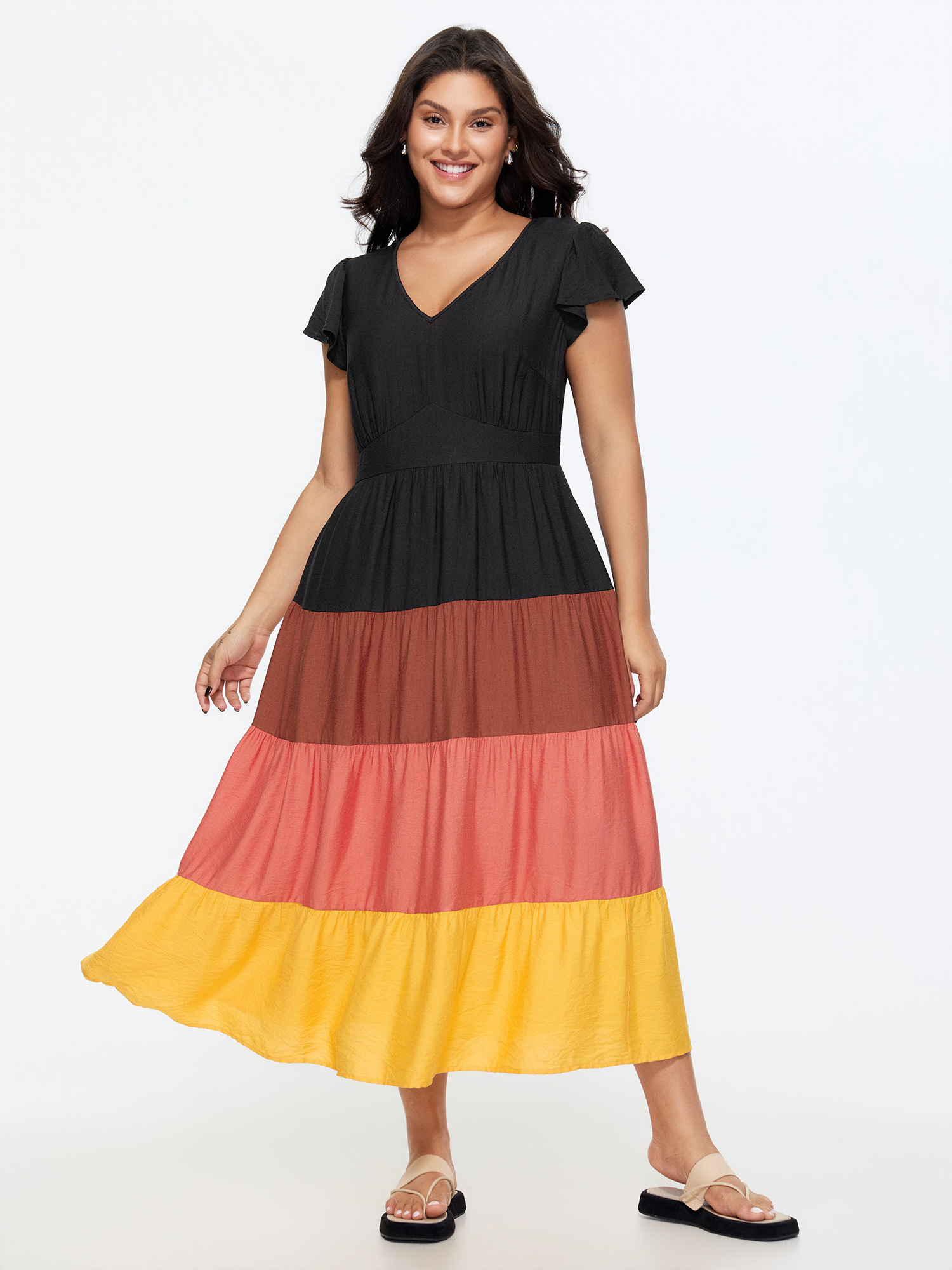 Bloomchic Colorblock Tiered Ruffled Sleeve Maxi Dress In Black