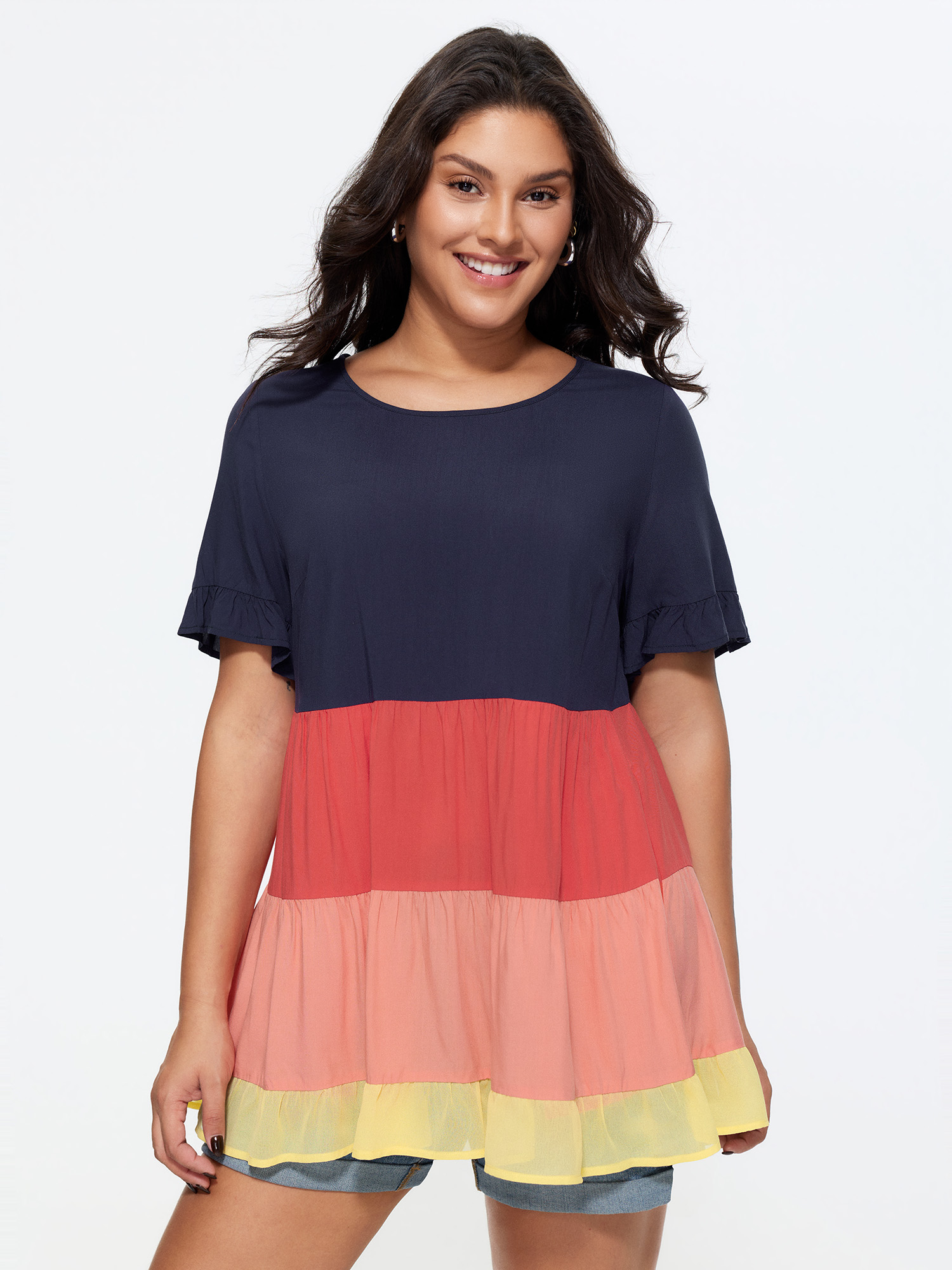 BloomChic Women's Plus Size Colorblock Tiered Round Neck Top Indigo Color Block Everyday-Casual Short sleeve Round Neck 10/M