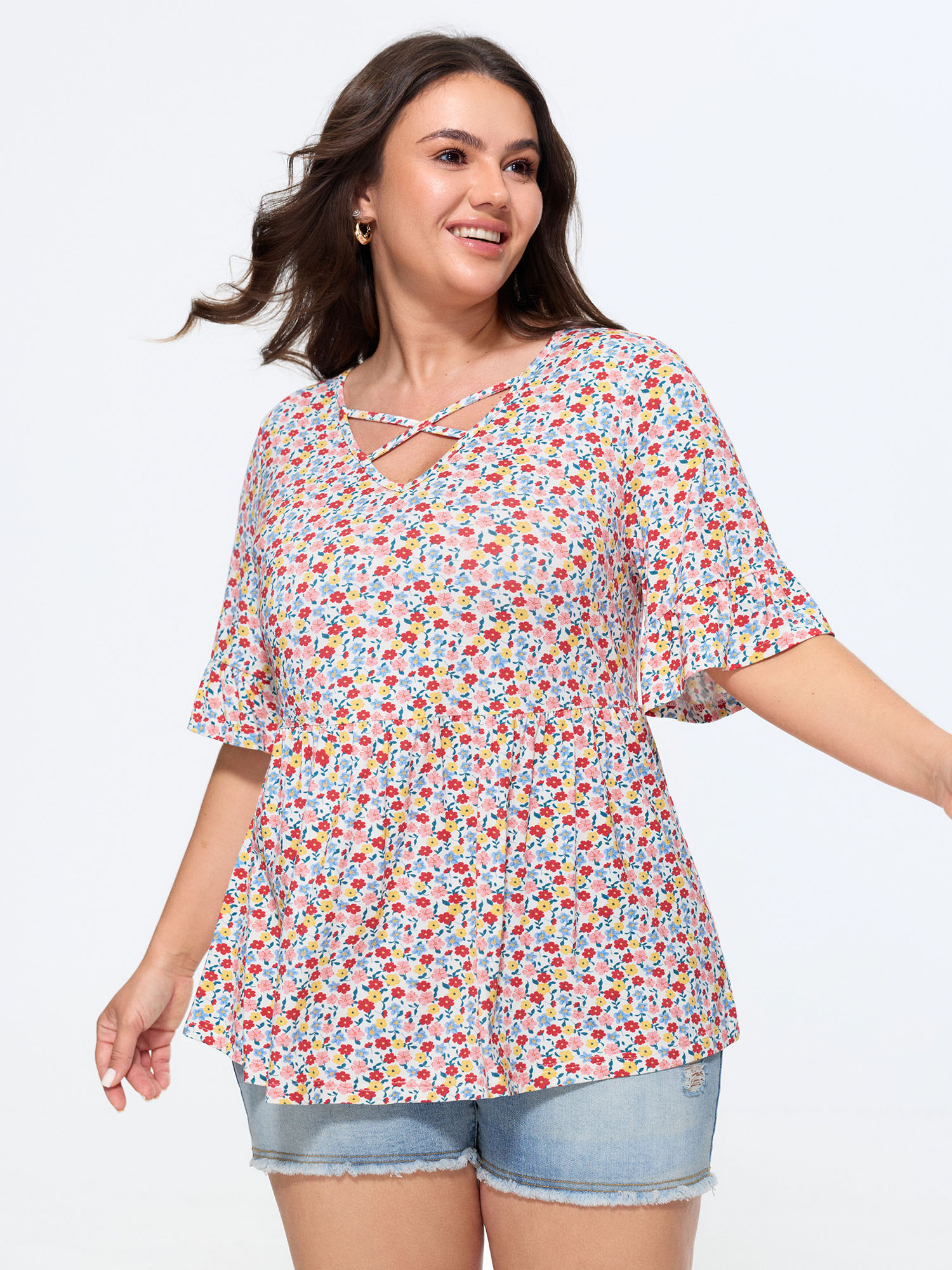 Bloomchic Supersoft Stretchy Floral Print Cut-out Jersey Top In Multicolor