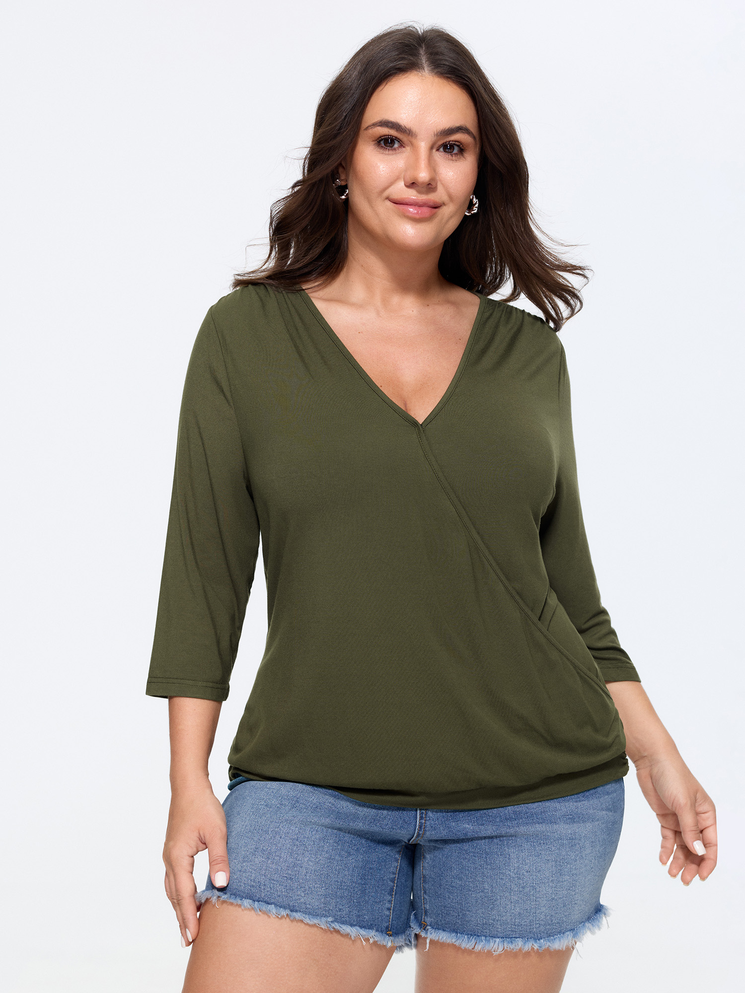 BloomChic Women's Plus Size Supersoft Stretchy Solid Surplice Side Ruched T-Shirt ArmyGreen Solid Everyday-Casual 3/4 Sleeve Deep V-Neck 10/M
