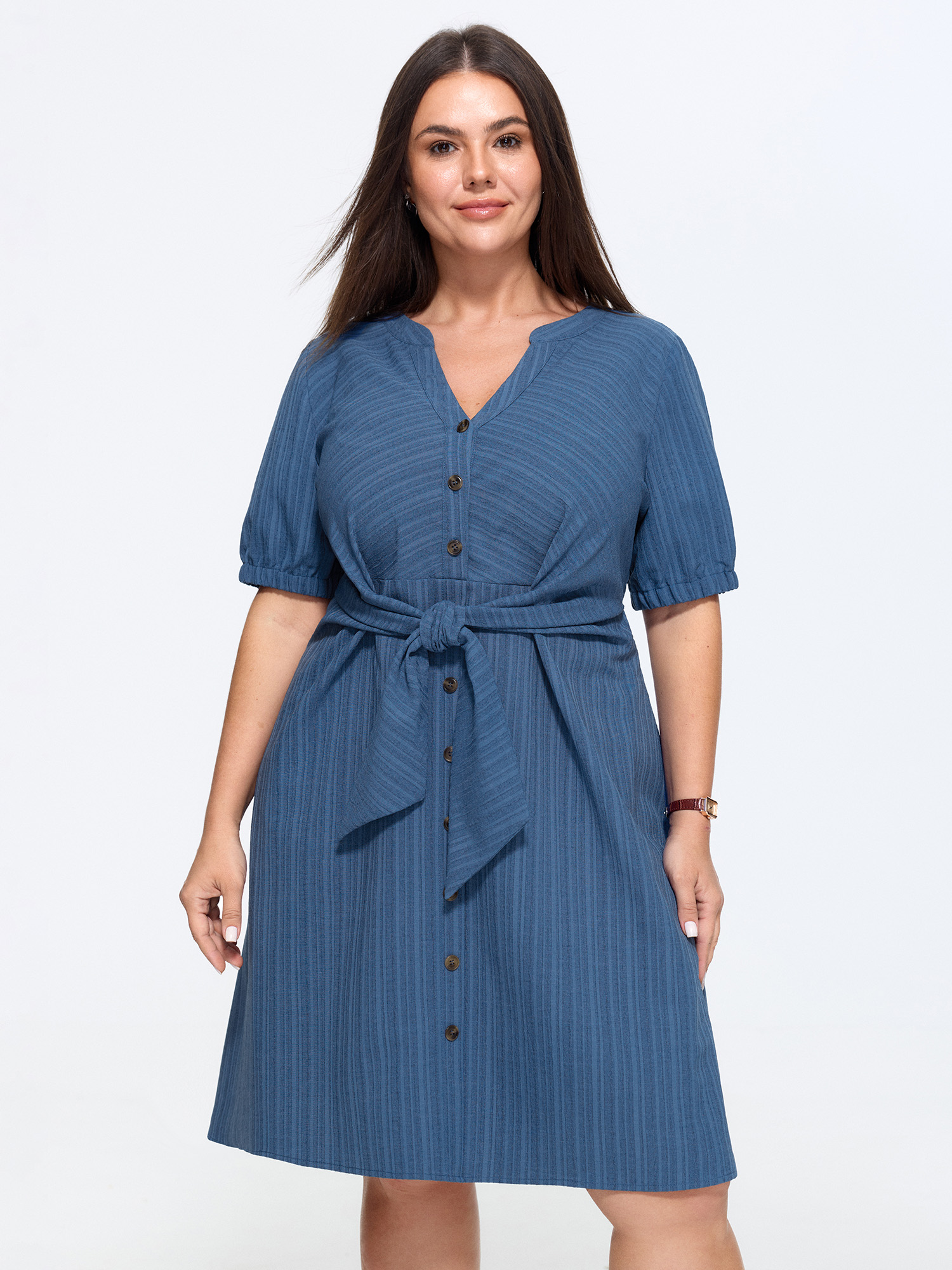 Bloomchic Knotted Front Textured Button Mini Dress In Mediumblue