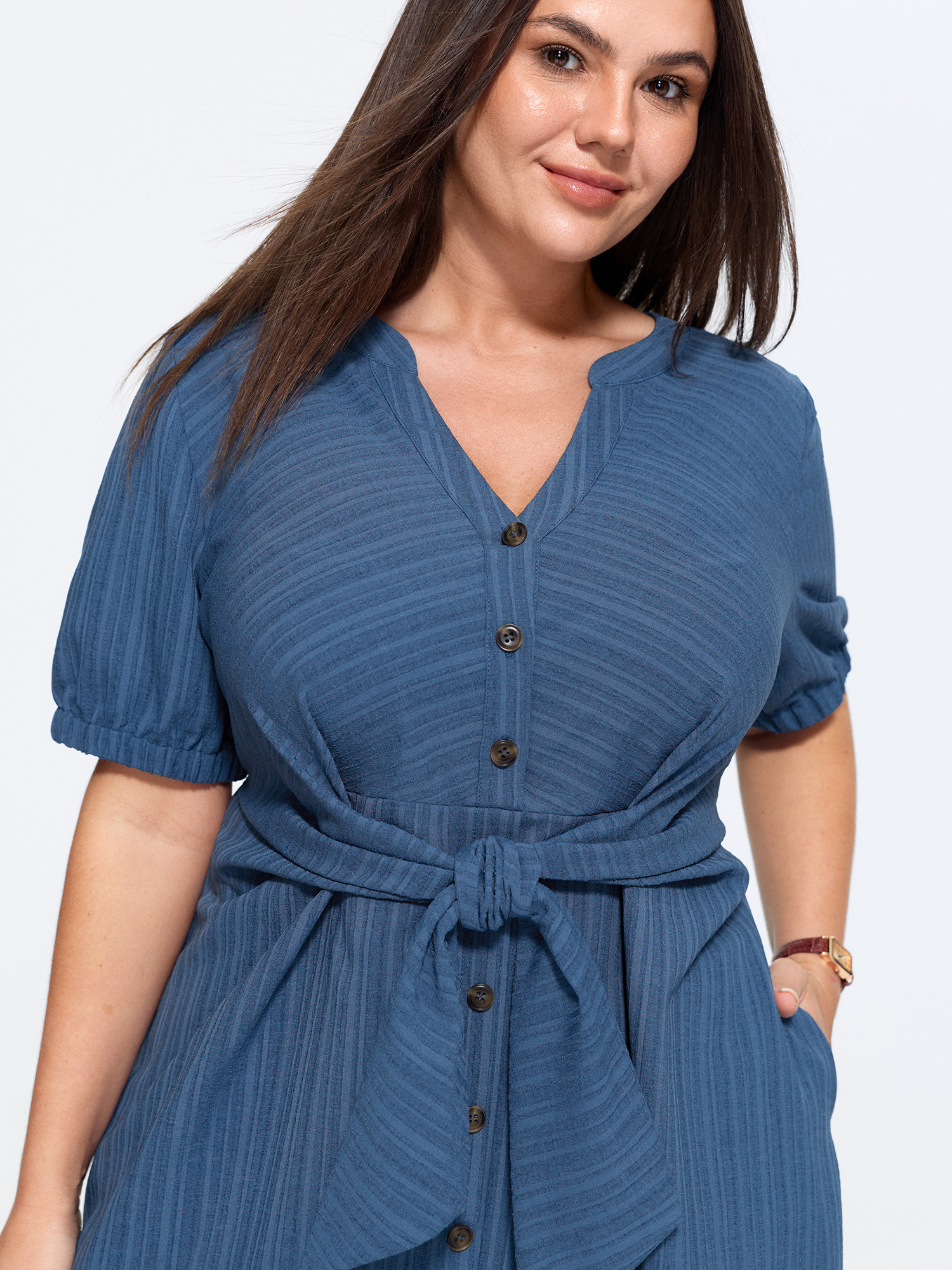 Bloomchic Knotted Front Textured Button Mini Dress In Mediumblue