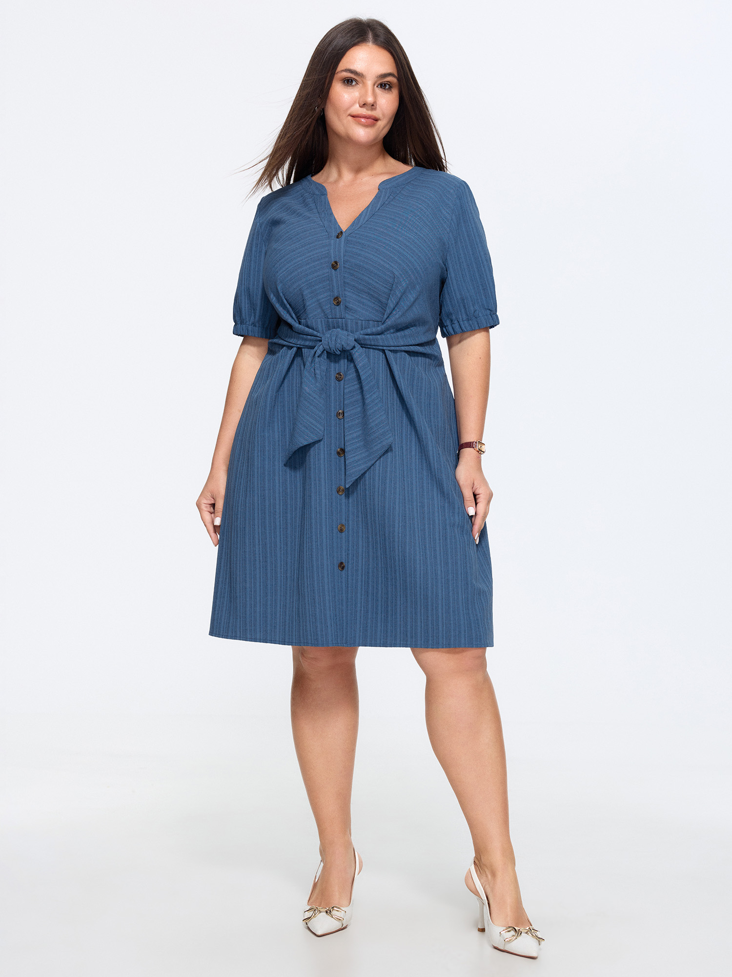 Bloomchic Knotted Front Textured Button Mini Dress In Mediumblue