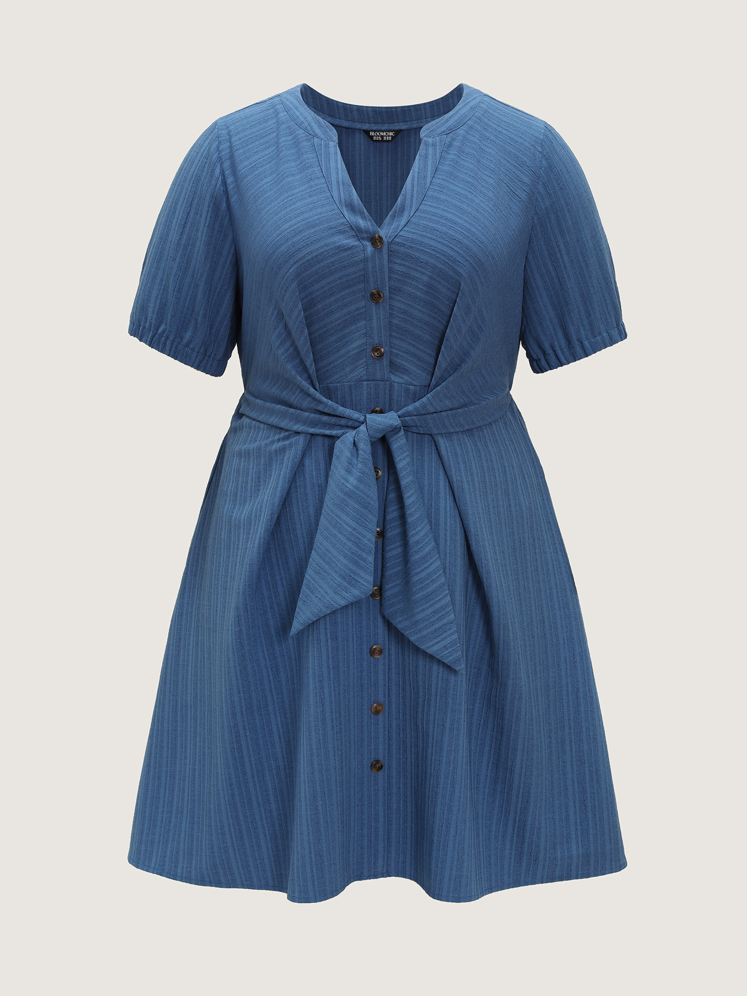Bloomchic Knotted Front Textured Button Mini Dress In Mediumblue
