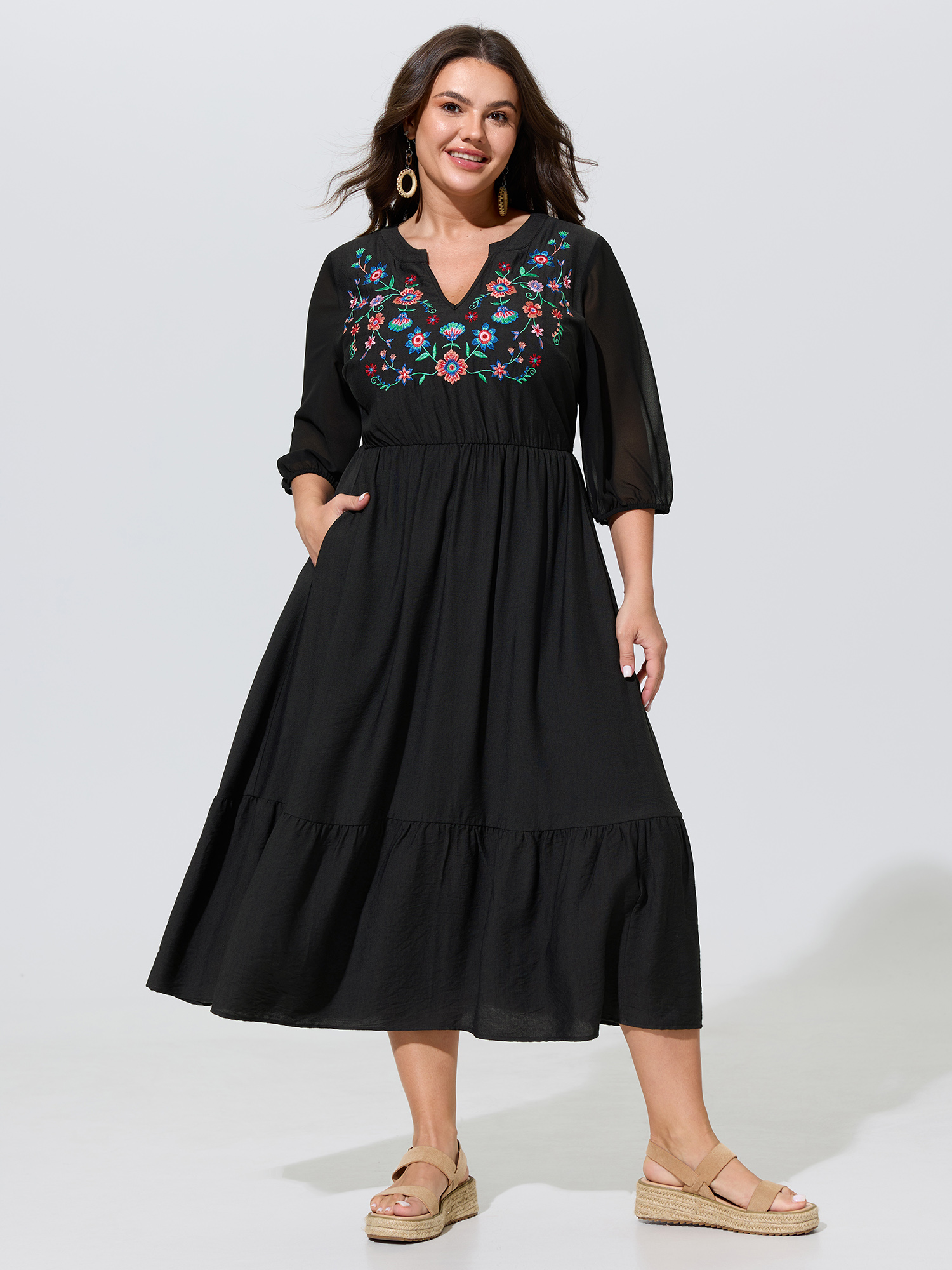 Bloomchic Breathable Floral Embroidered Neckline Midi Dress In Black