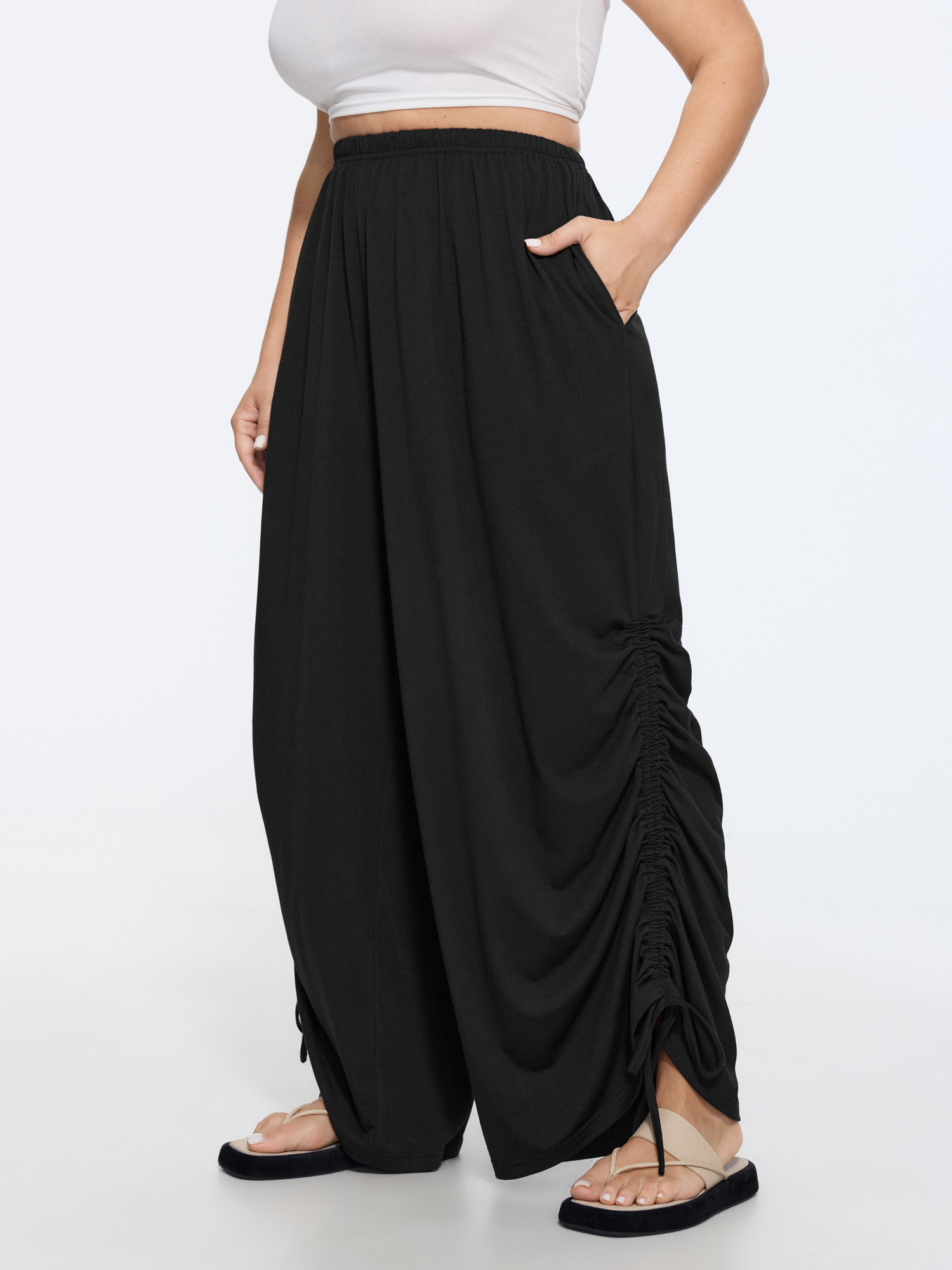 BloomChic Women's Plus Size Supersoft Elastic Waist Side Drawstring Wide Leg Pants Black Solid Wide leg Mid Rise Everyday-Casual 10/M