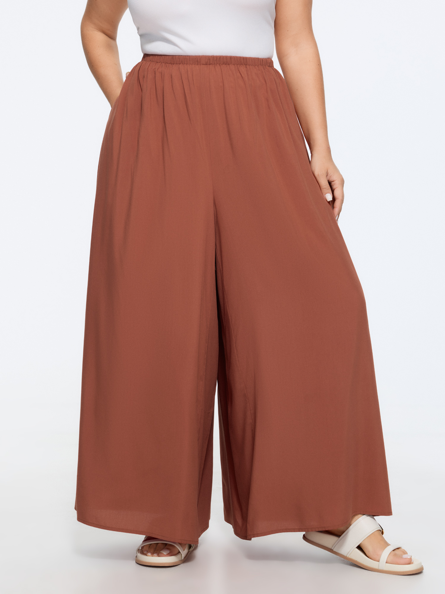 Bloomchic Shirred Waist Plain Flowy Wide-leg Pants In Rust