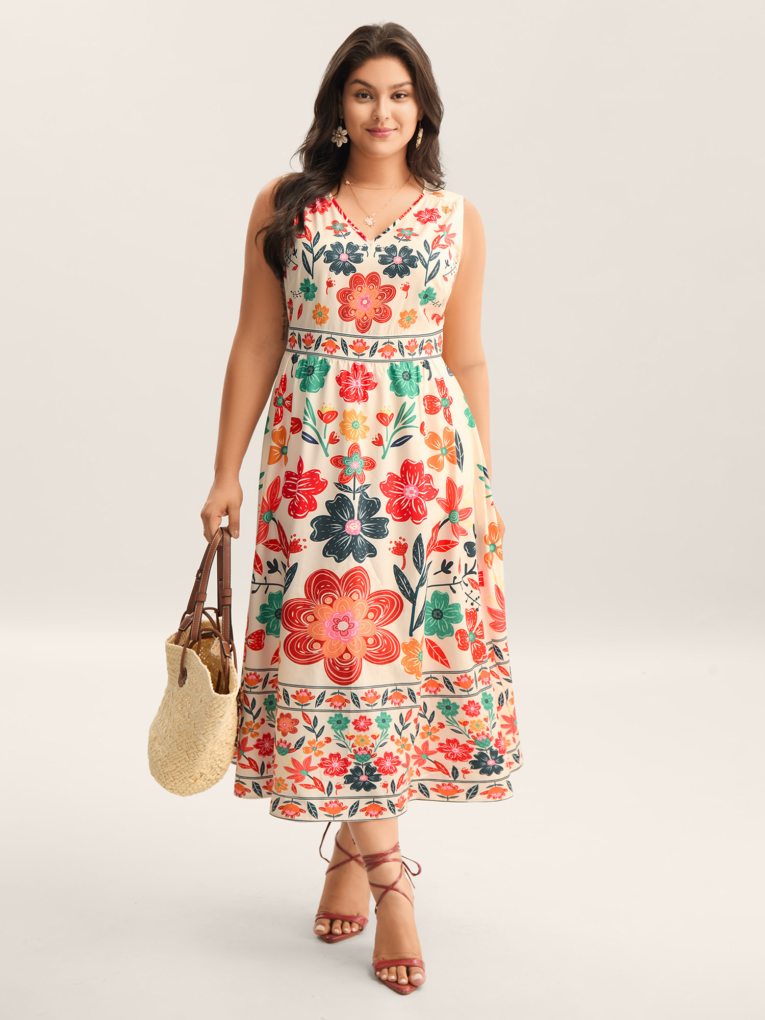 BloomChic Plus Size Floral Drama Cinched-Waist Maxi Dress - Curve Ladies Multicolor Resort Sleeveless Floral Side Pocket Daily Dresses 14/M