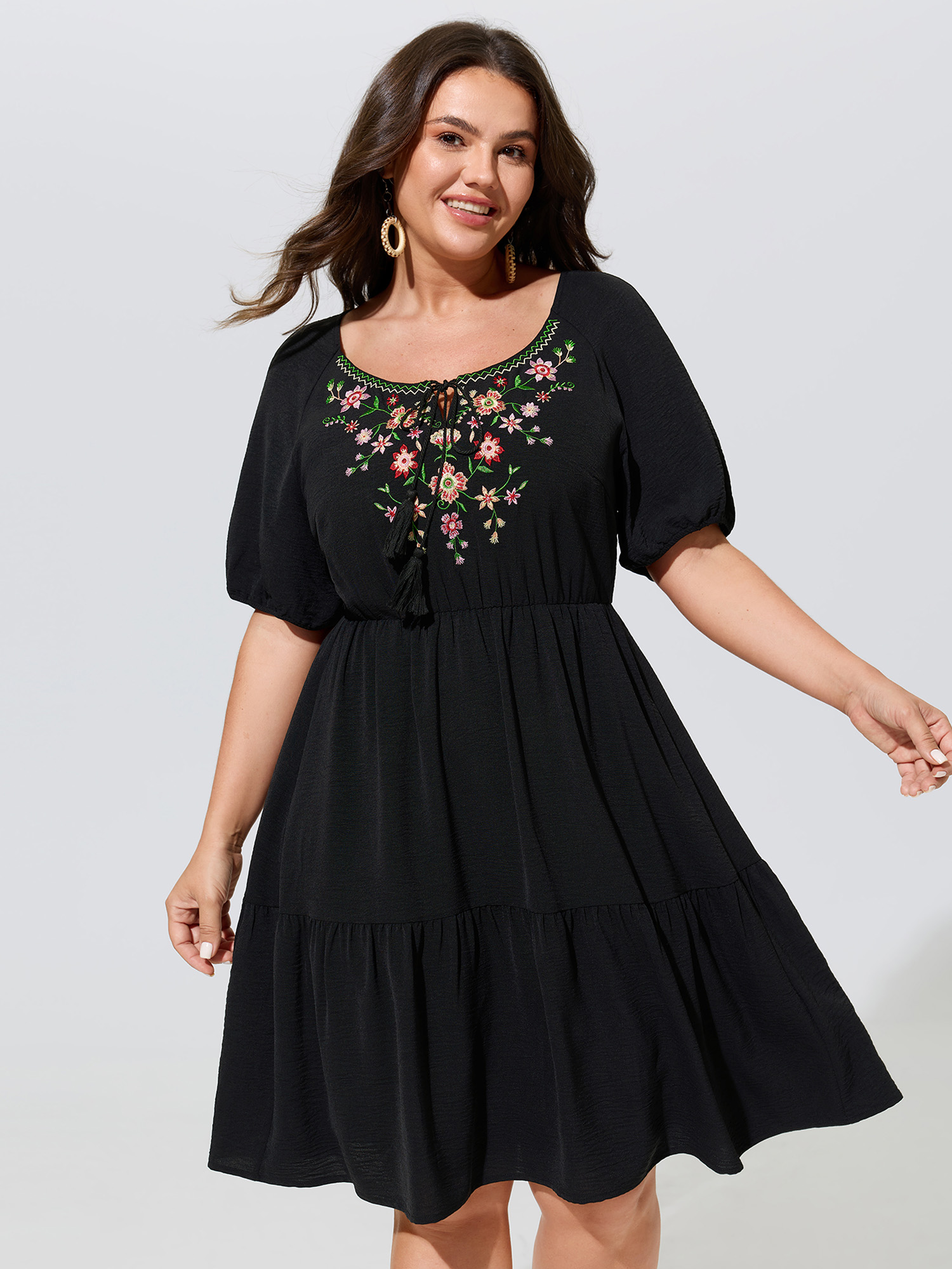 Bloomchic Floral Embroidered Neckline Tiered Mini Dress In Black